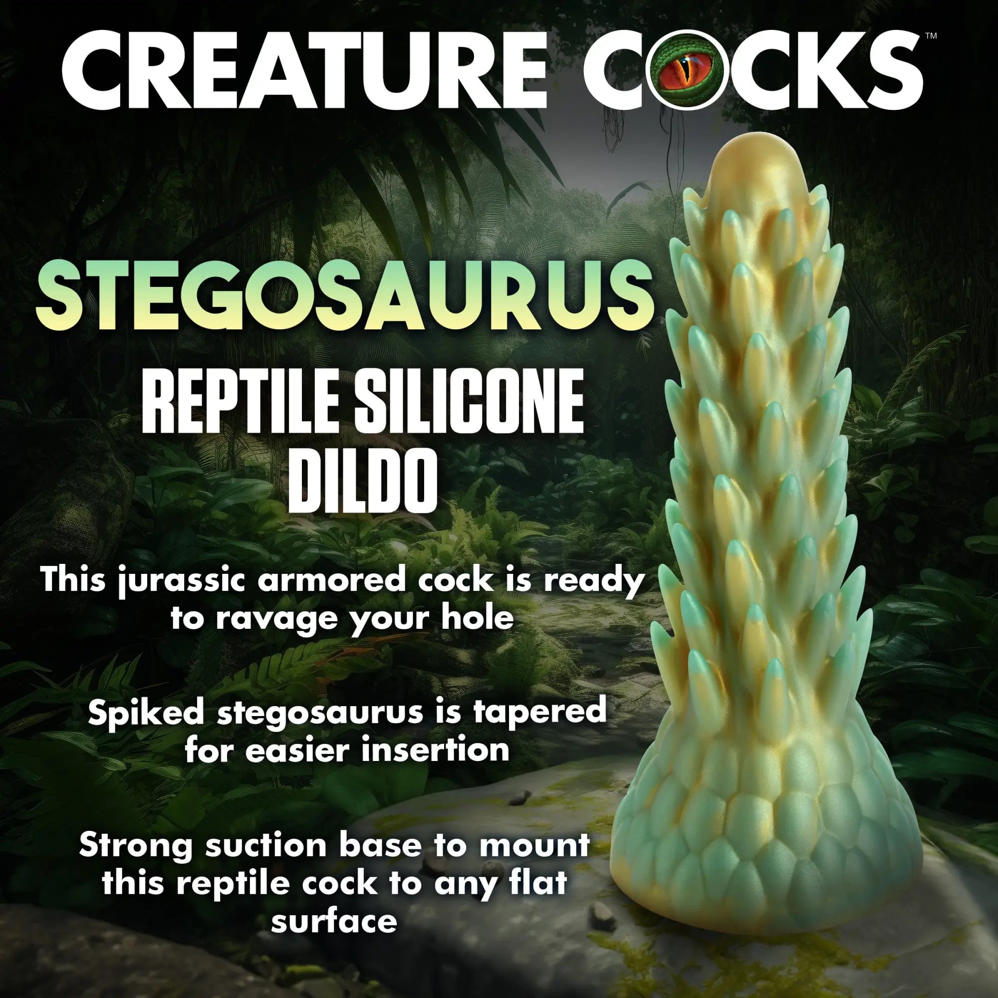 Creature Cocks Stegosaurus silicone dildo: a tapered, spiked yellow and green reptile-style toy on a suction base.