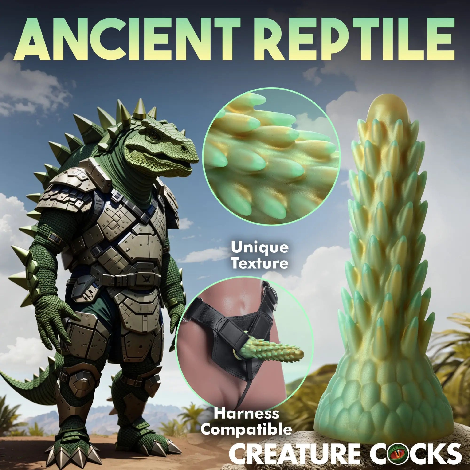Creature Cocks Stegosaurus silicone dildo featuring a spiky, gold and green texture, shown standalone and in a harness.