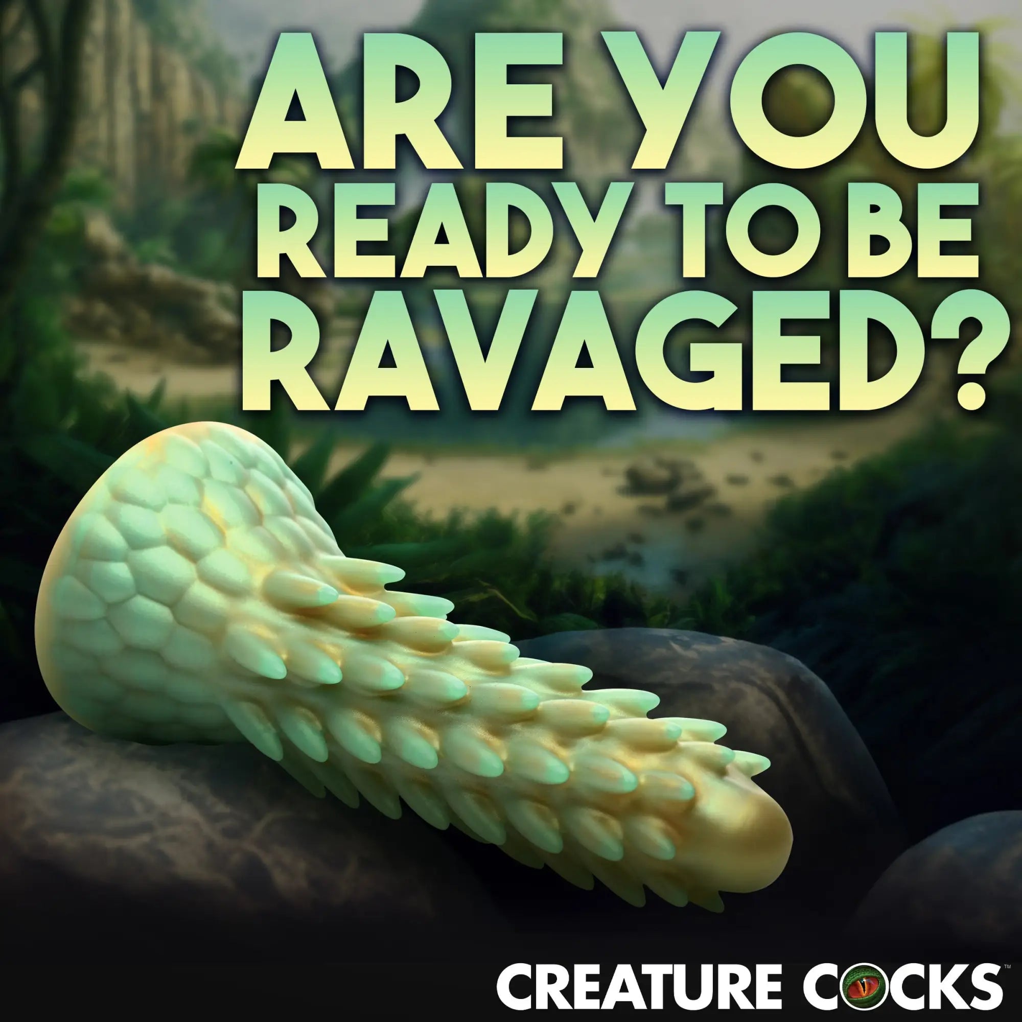 Creature Cocks Stegosaurus silicone dildo: a spiky, pale green reptile-themed toy resting on a rock in a jungle setting.