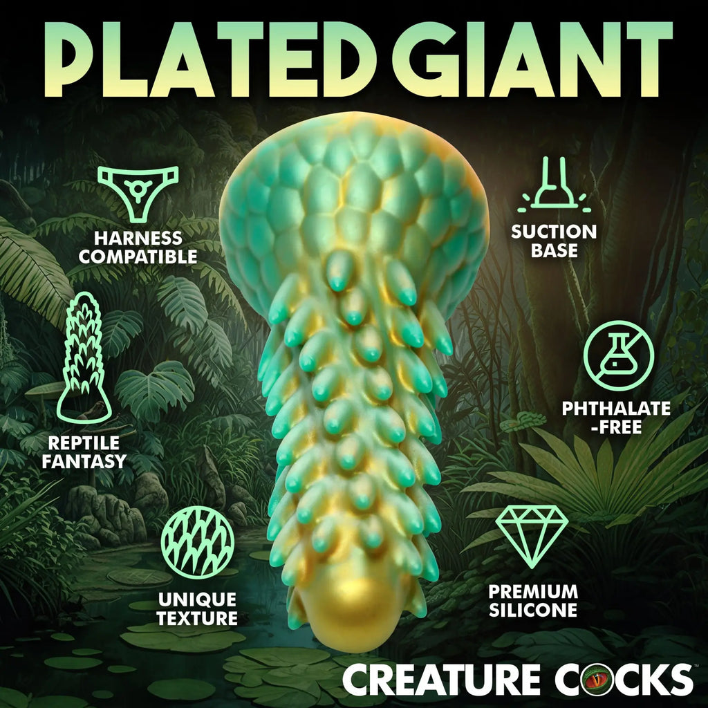 Creature Cocks Stegosaurus dildo in green and gold, featuring a spiky, reptilian-textured design against a jungle backdrop.