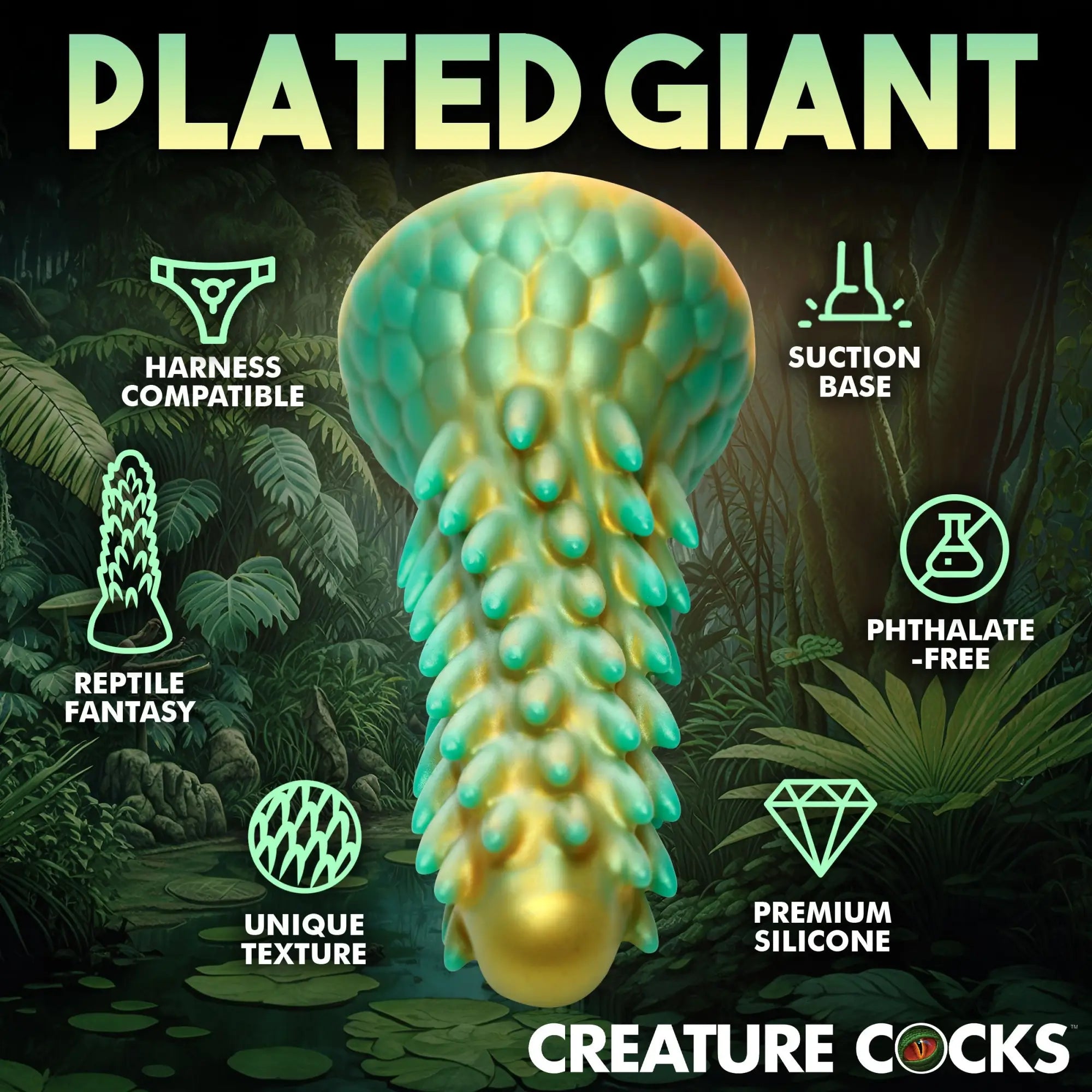 Creature Cocks Stegosaurus dildo in green and gold, featuring a spiky, reptilian-textured design against a jungle backdrop.