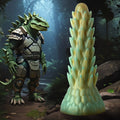 Creature Cocks Stegosaurus silicone dildo: a spiky, yellow-green textured shaft next to an armored reptile warrior.