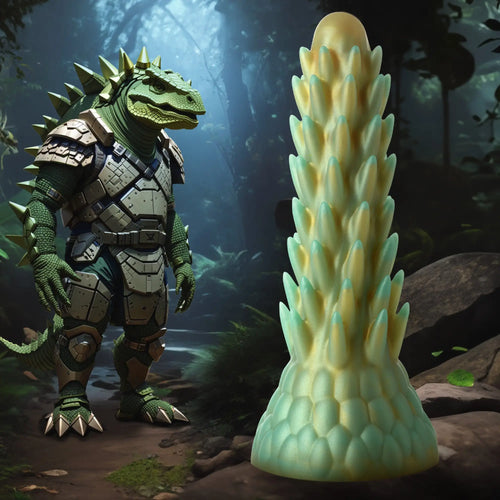 Creature Cocks Stegosaurus silicone dildo: a spiky, yellow-green textured shaft next to an armored reptile warrior.