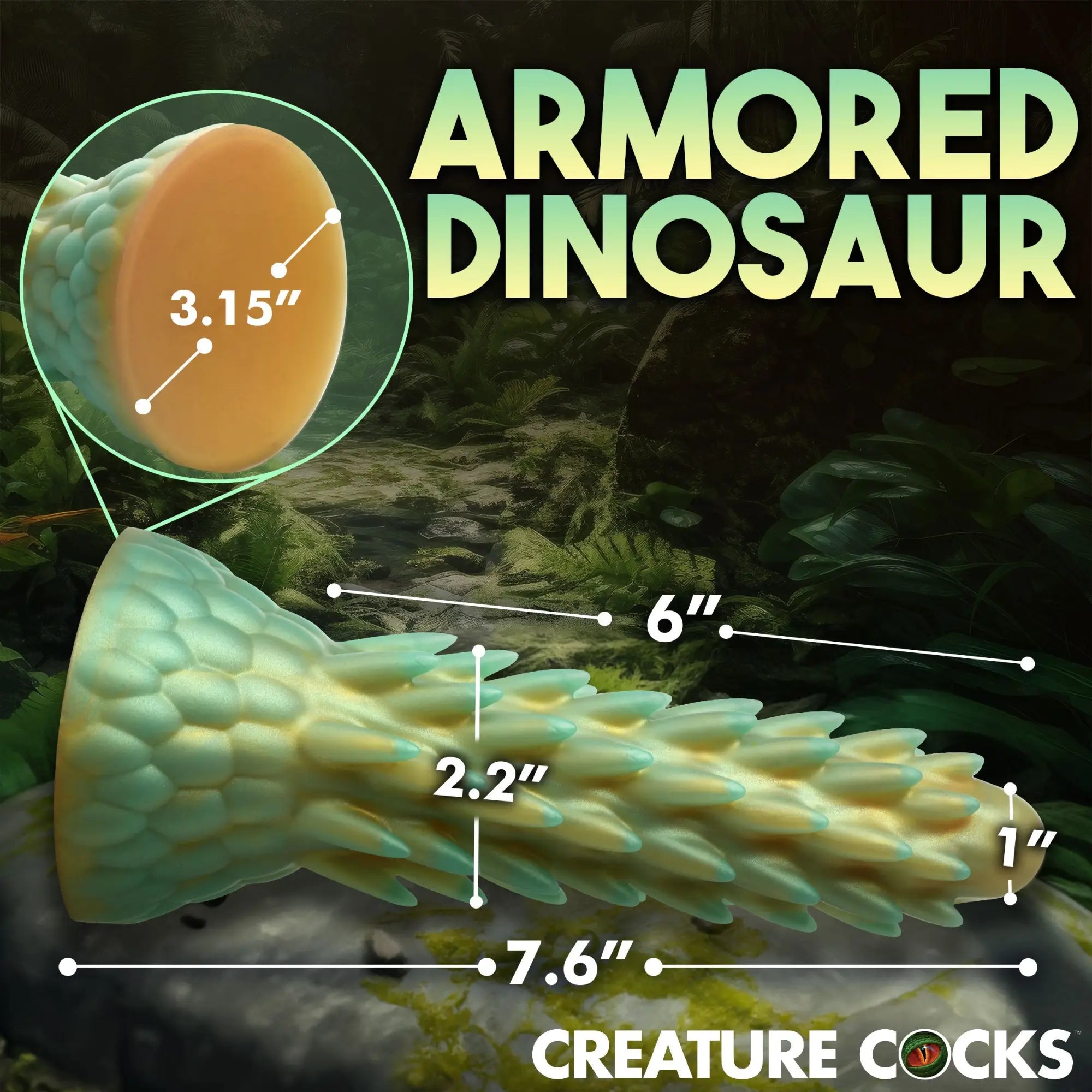 Creature Cocks Stegosaurus silicone dildo in teal and yellow with spiky texture and dimension labels on a jungle background.