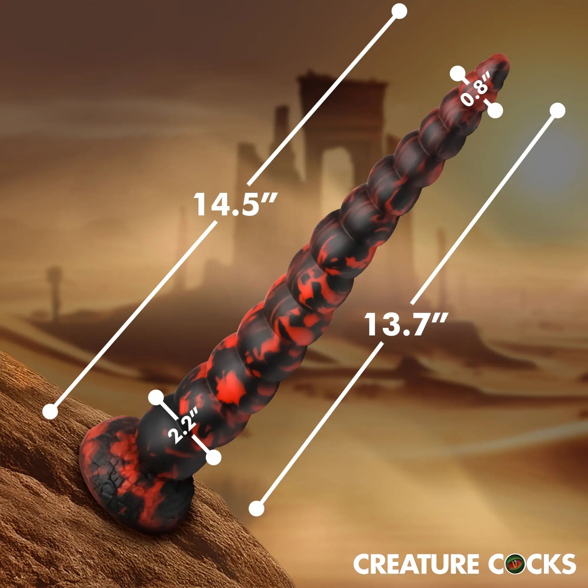 Creature Cocks The Stinger silicone dildo: a tapered, ribbed, black and red marbled toy with product measurements.