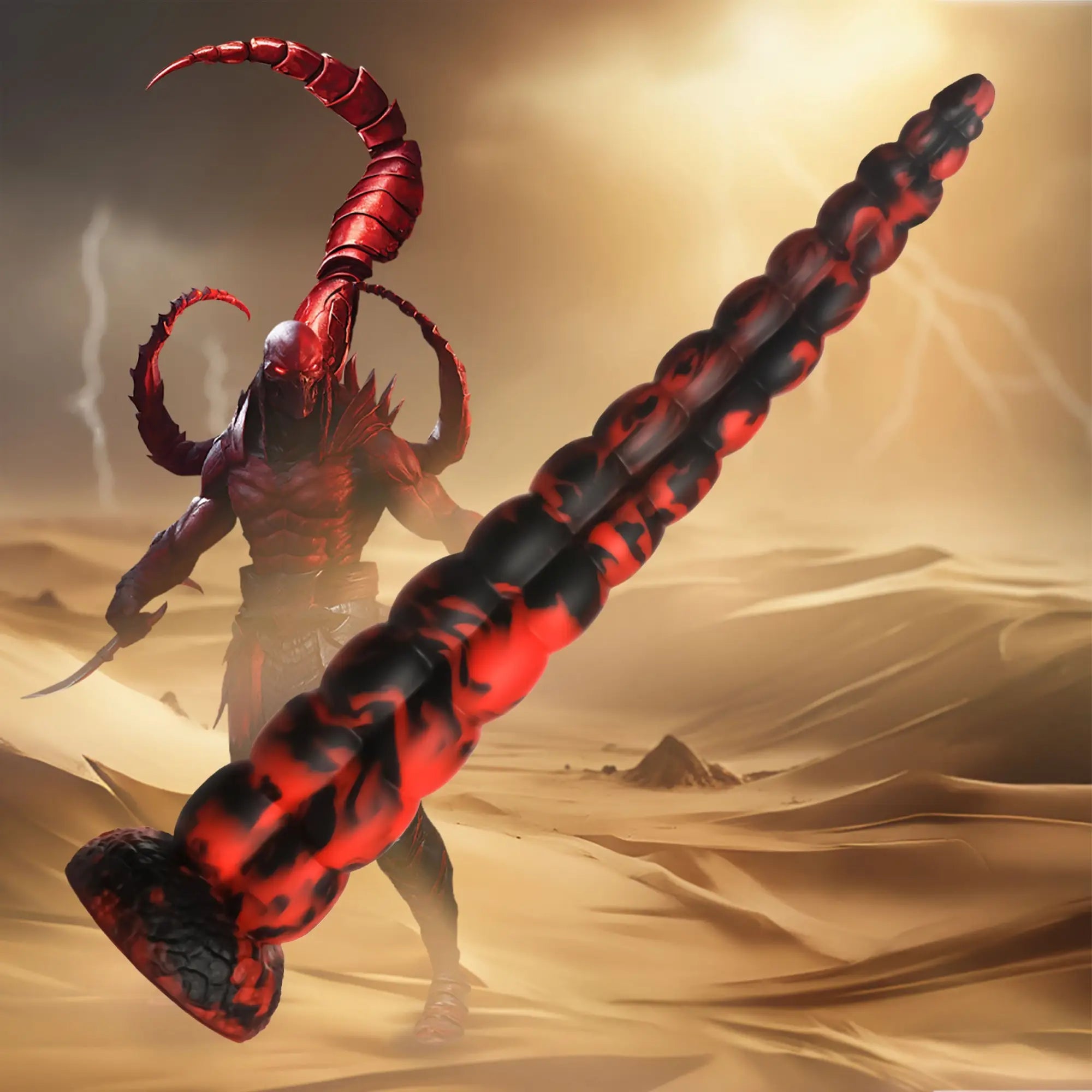 Creature Cocks The Stinger silicone dildo featuring a segmented, red and black marbled design in a desert setting.