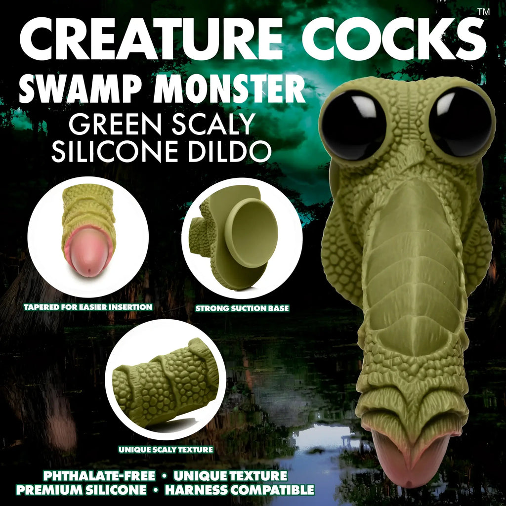 Green scaly Swamp Monster silicone dildo featuring a textured design, tapered tip, and suction cup base.