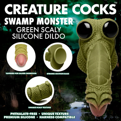 Green scaly Swamp Monster silicone dildo featuring a textured design, tapered tip, and suction cup base.
