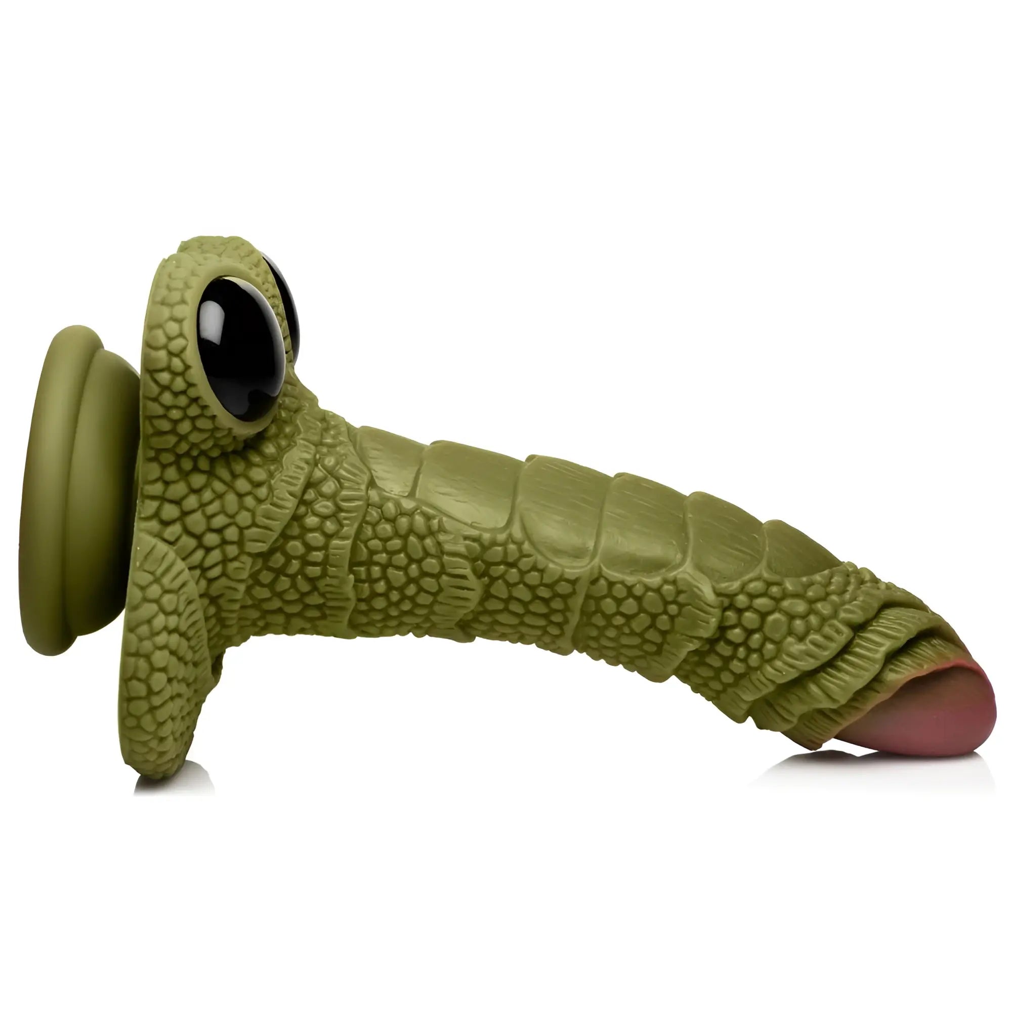 Creature Cocks Swamp Monster silicone dildo in green, with scaly texture, large black eyes, and a pink tip.