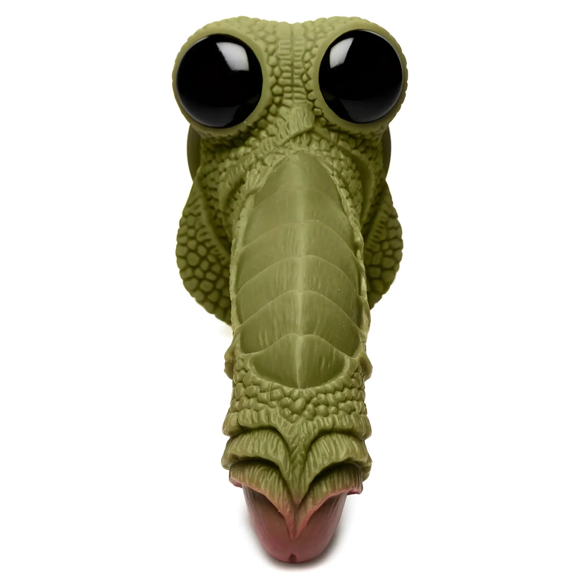 Creature Cocks Swamp Monster dildo: green, textured, scaly silicone design with large black eyes and a pink tip.