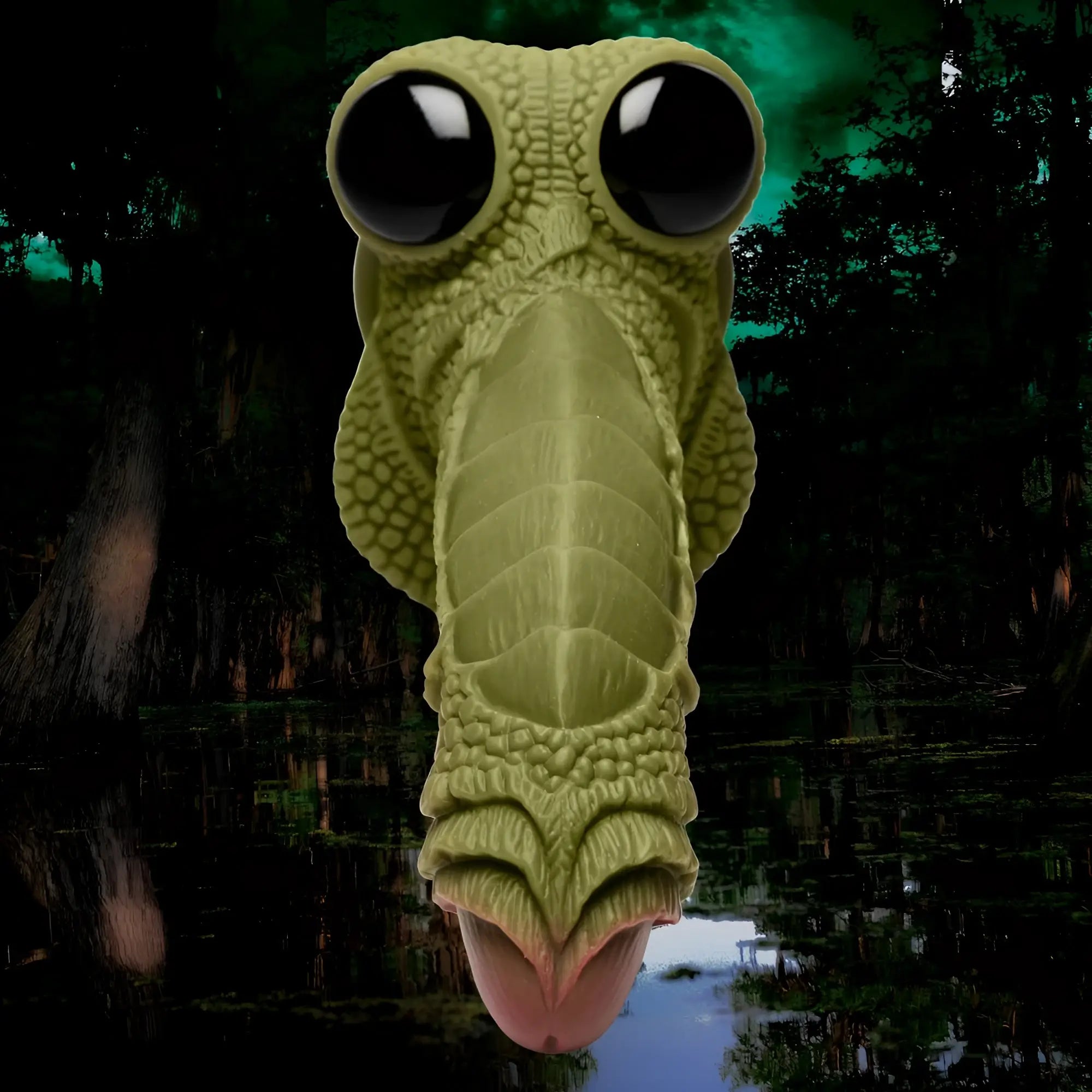 Creature Cocks Swamp Monster silicone dildo: green, scaly creature head with large black eyes, set against a swamp.