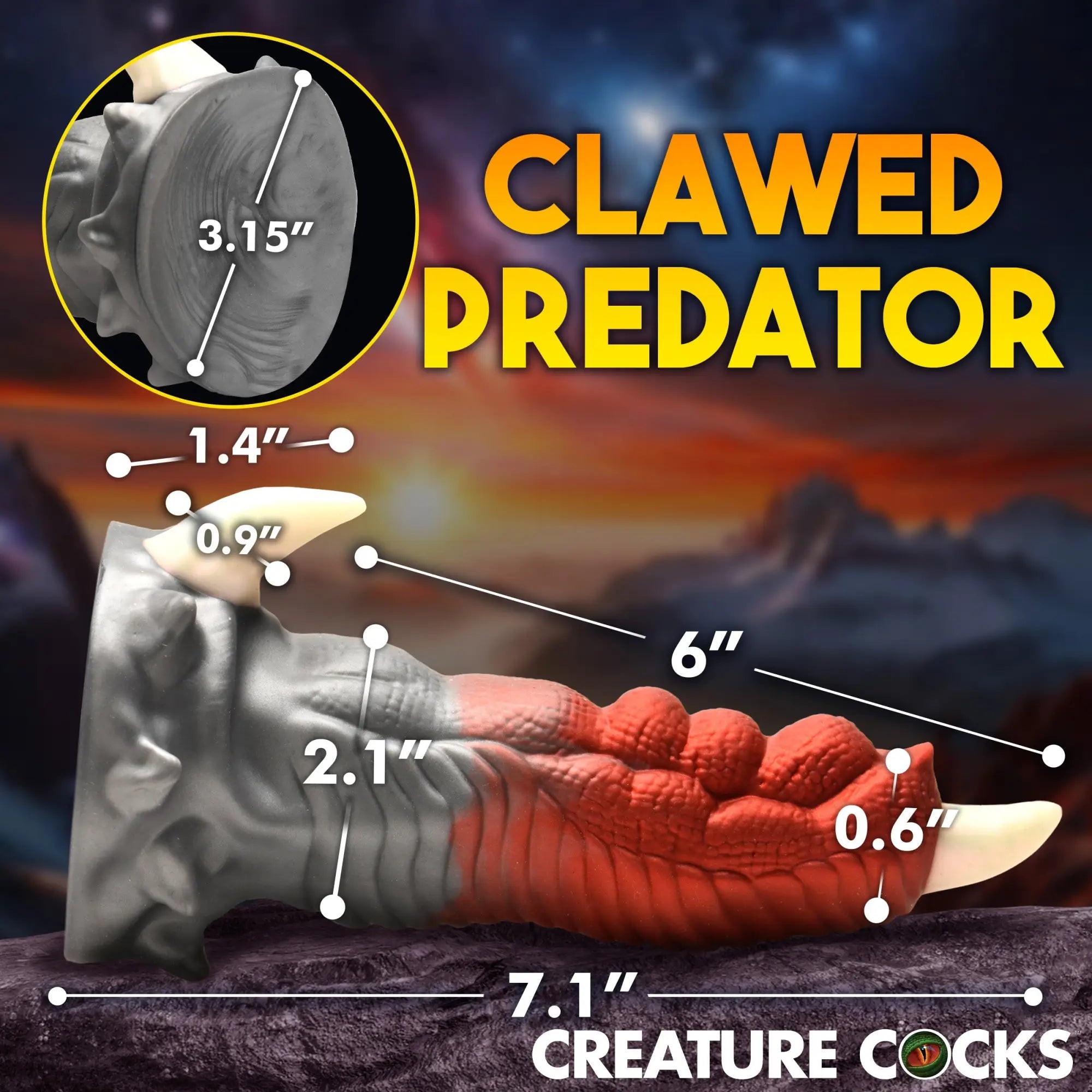 Creature Cocks Talon silicone dildo with grey and red textured skin, white claws, and detailed measurement overlays.