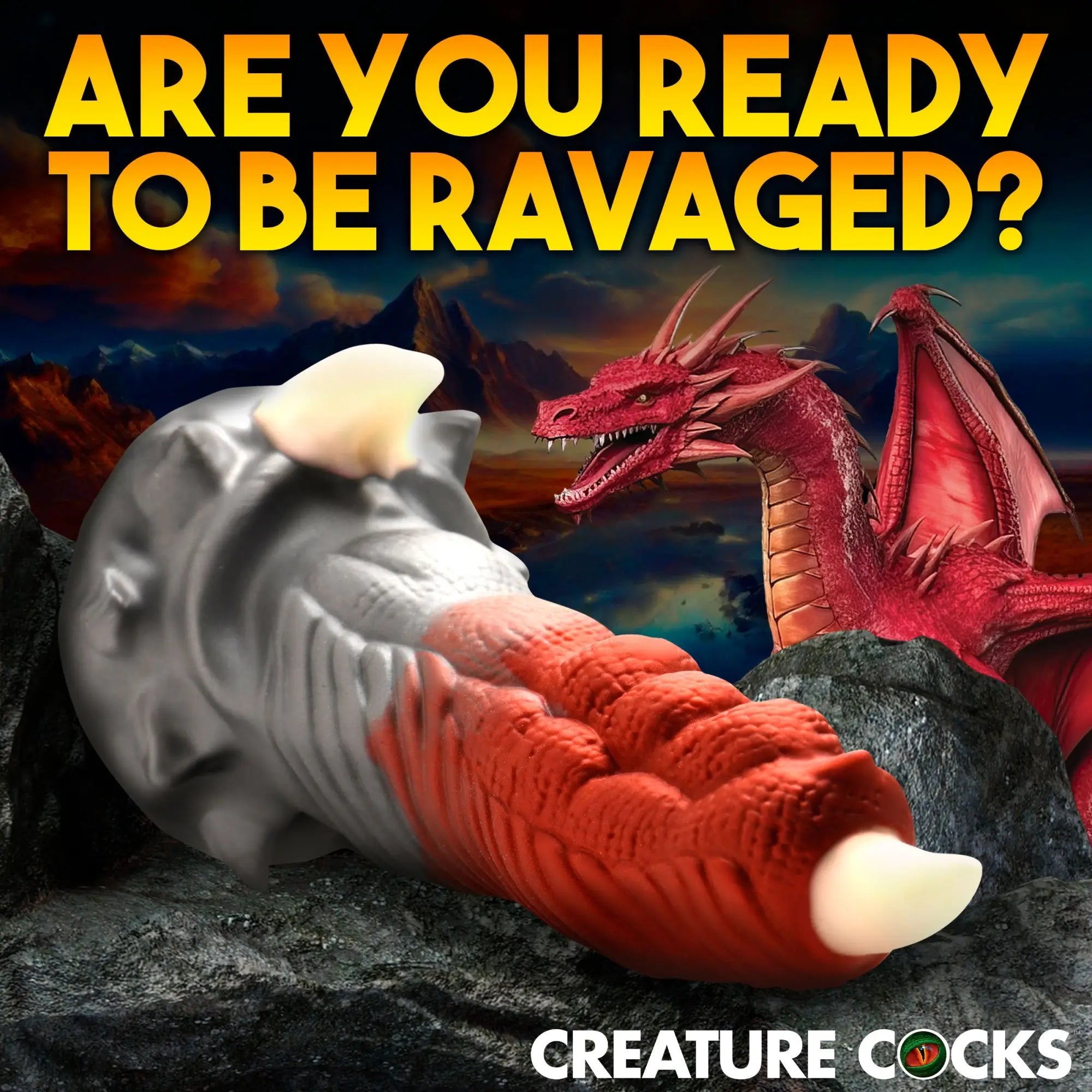 Creature Cocks Talon silicone dildo in grey and red with white claw tips, set against a fantasy dragon background.