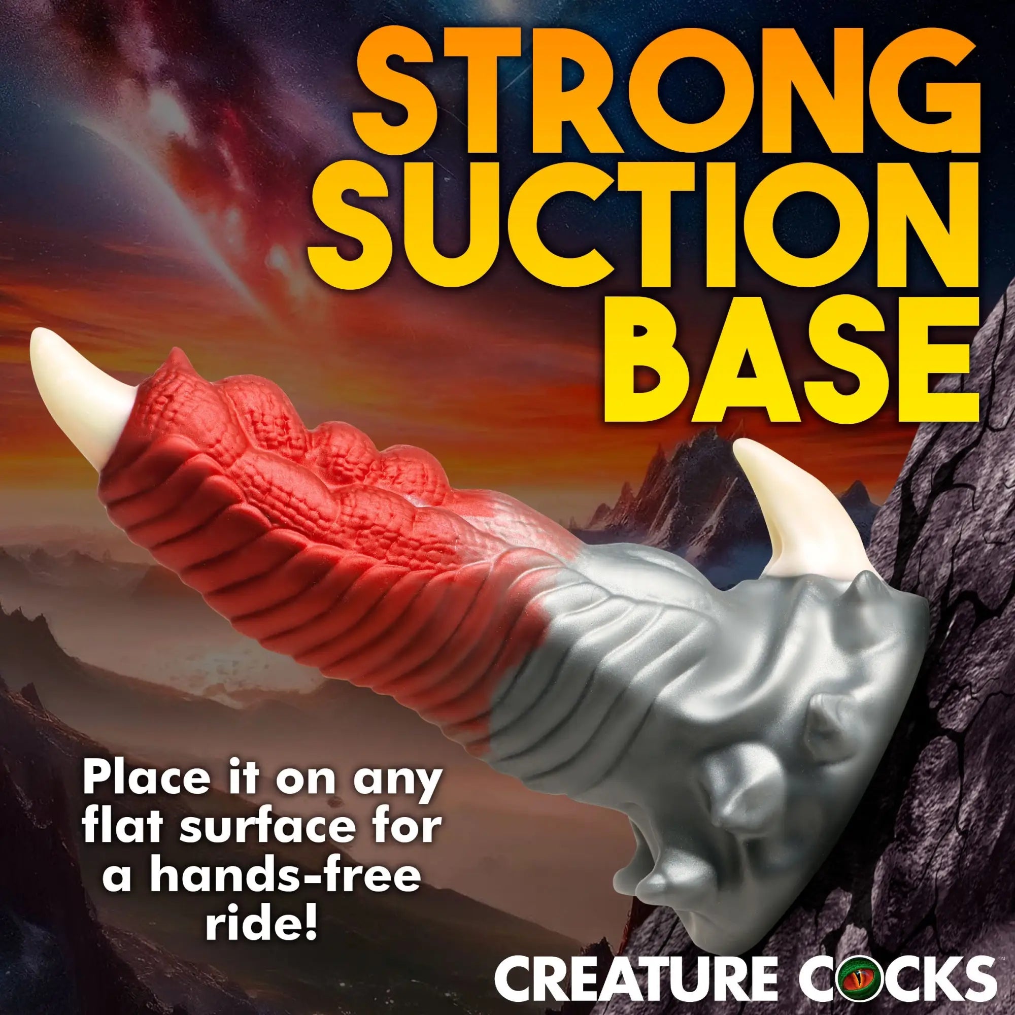 Creature Cocks Talon silicone dildo in red and grey with claw-like textures and a strong suction cup base.