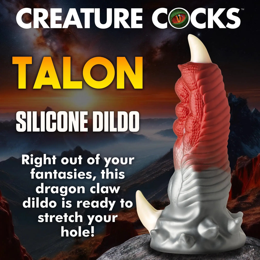 Creature Cocks Talon silicone dildo: a red and grey textured, dragon-claw-shaped toy with white pointed tips.