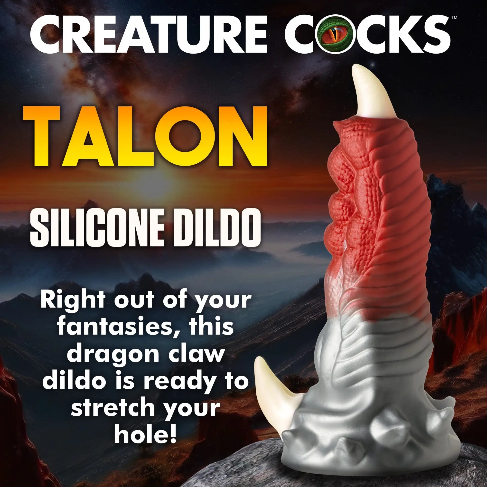 Creature Cocks Talon silicone dildo: a red and grey textured, dragon-claw-shaped toy with white pointed tips.