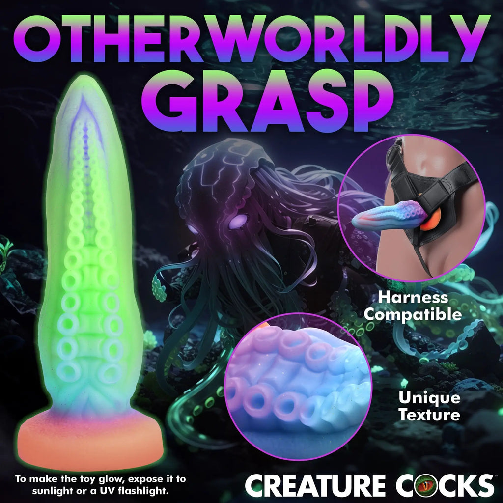 Creature Cocks Tenta-Cock: A glow-in-the-dark, tentacle-textured silicone dildo with suction base and harness compatibility.