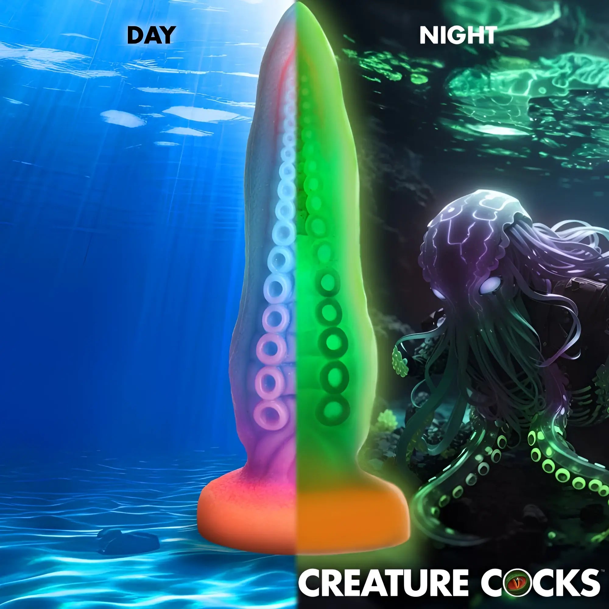 Creature Cocks Tenta-Cock dildo, shown in daylight and glowing green in the dark with octopus-inspired suction cups.