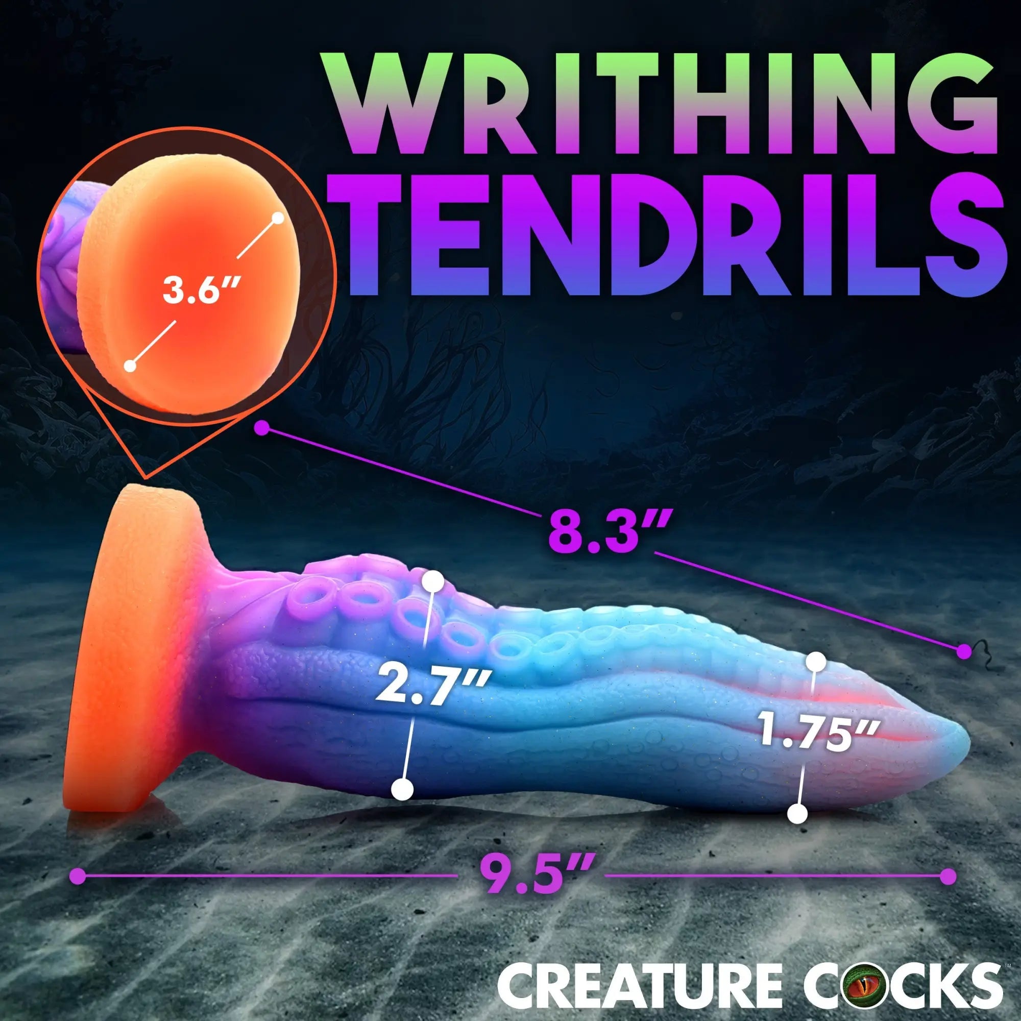 Creature Cocks Tenta-Cock dildo with tentacle texture, blue-to-purple gradient, and orange base, showing dimensions.