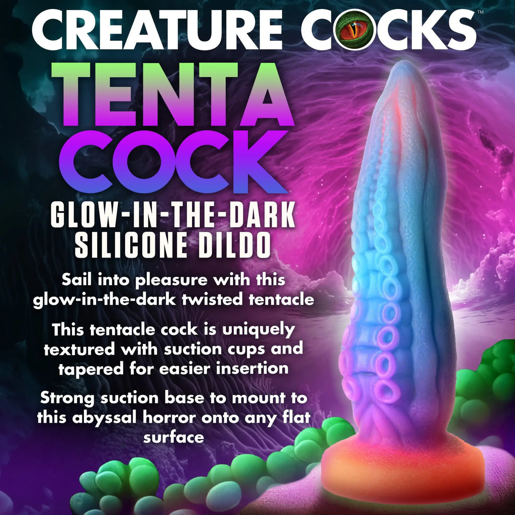 Creature Cocks Tenta-Cock: A glow-in-the-dark, tentacle-shaped silicone dildo with suction cups and an orange base.