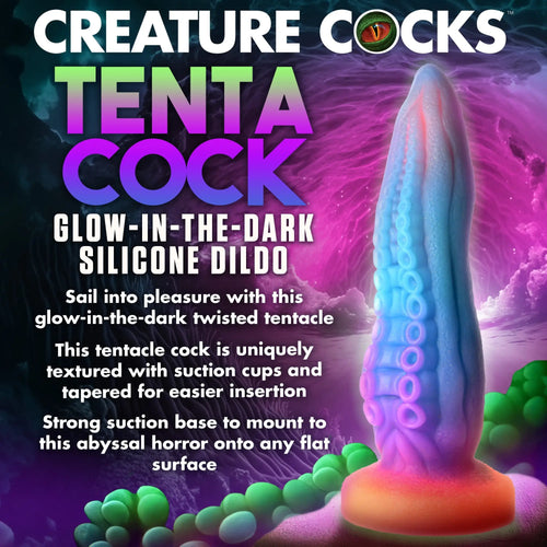 Creature Cocks Tenta-Cock: A glow-in-the-dark, tentacle-shaped silicone dildo with suction cups and an orange base.