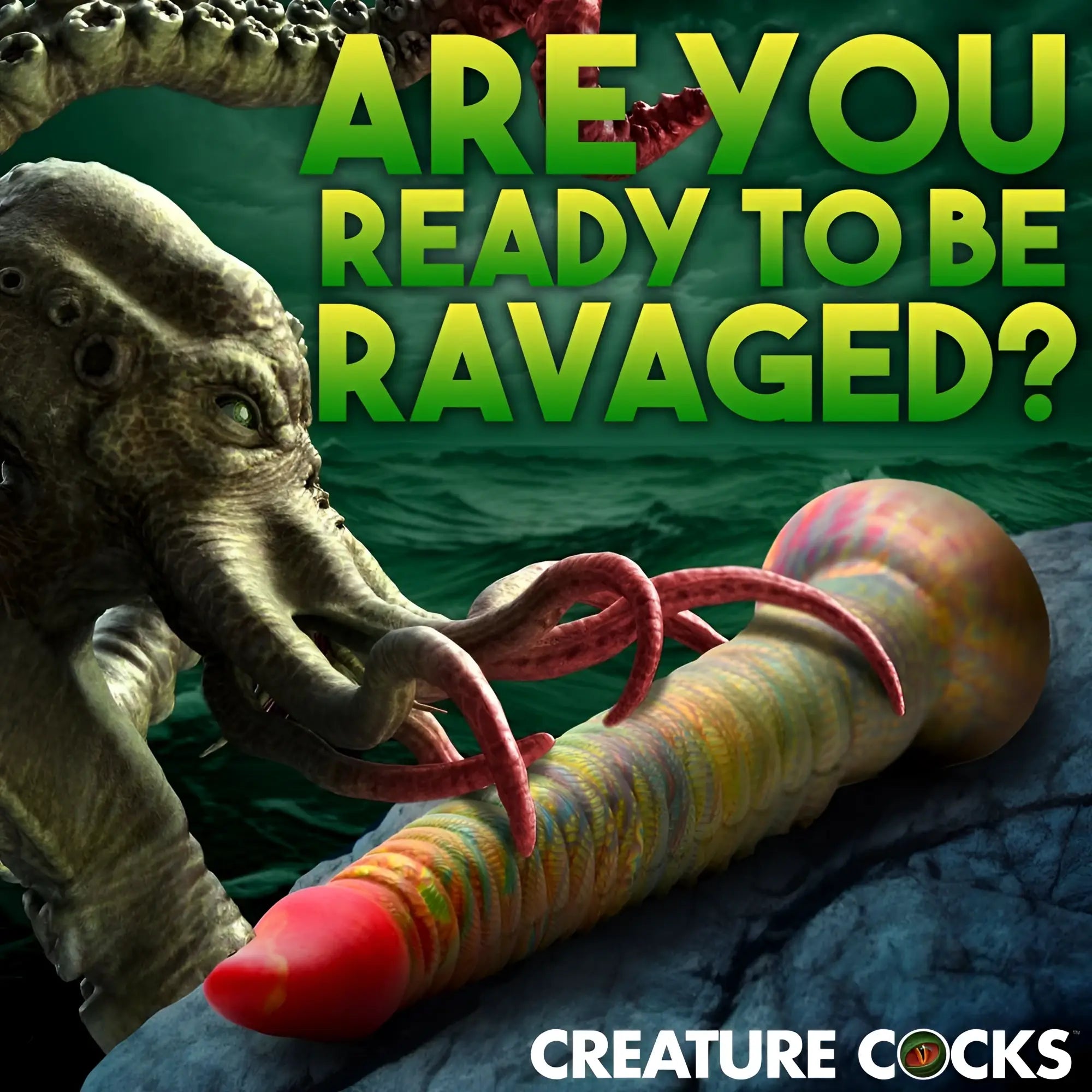 Creature Cocks Tenta-Dick: A colorful, ribbed silicone tentacle dildo with a red tip on a rocky shore by a sea monster.