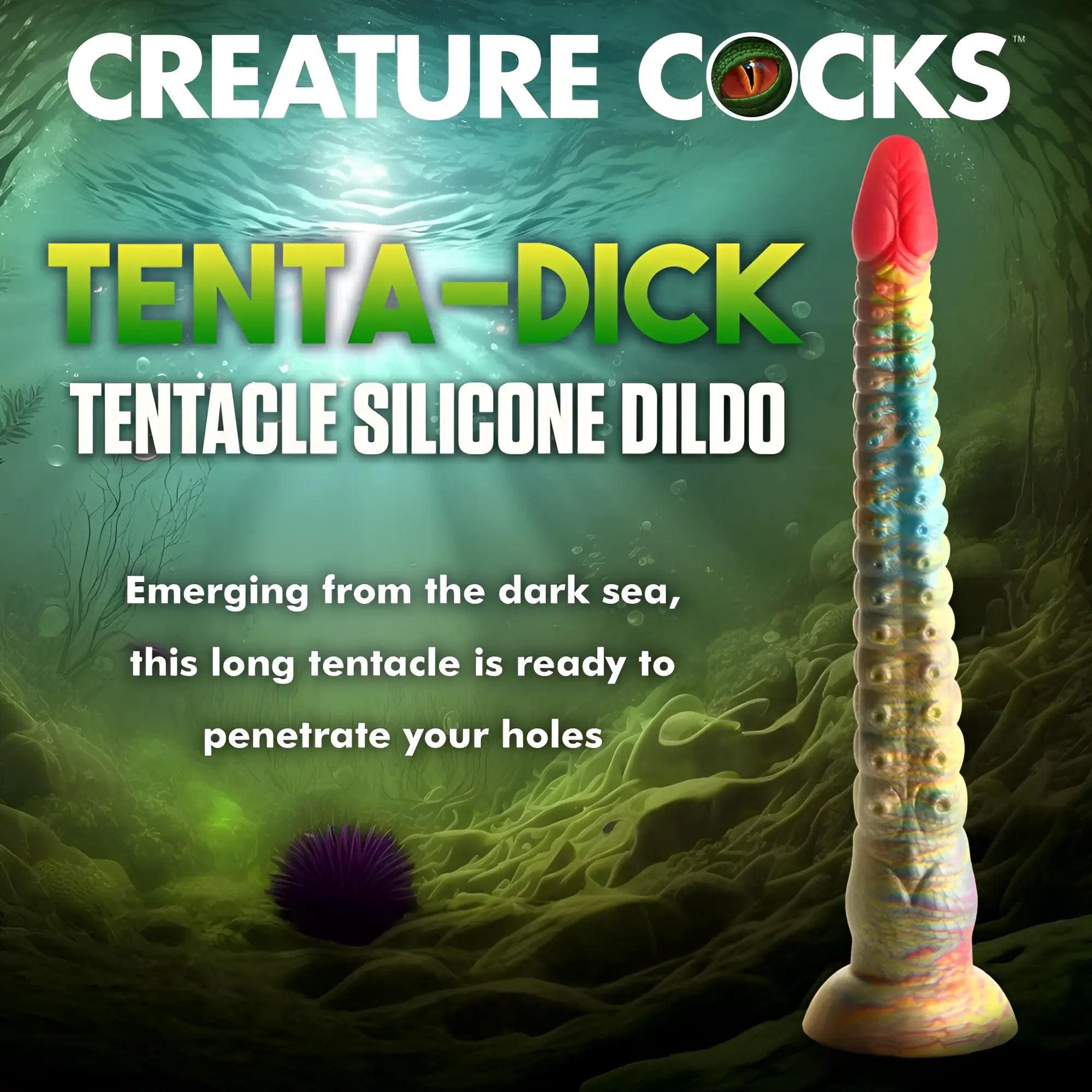 Creature Cocks Tenta-Dick silicone dildo featuring a red tip and textured, multi-colored tentacle shaft on a suction base.