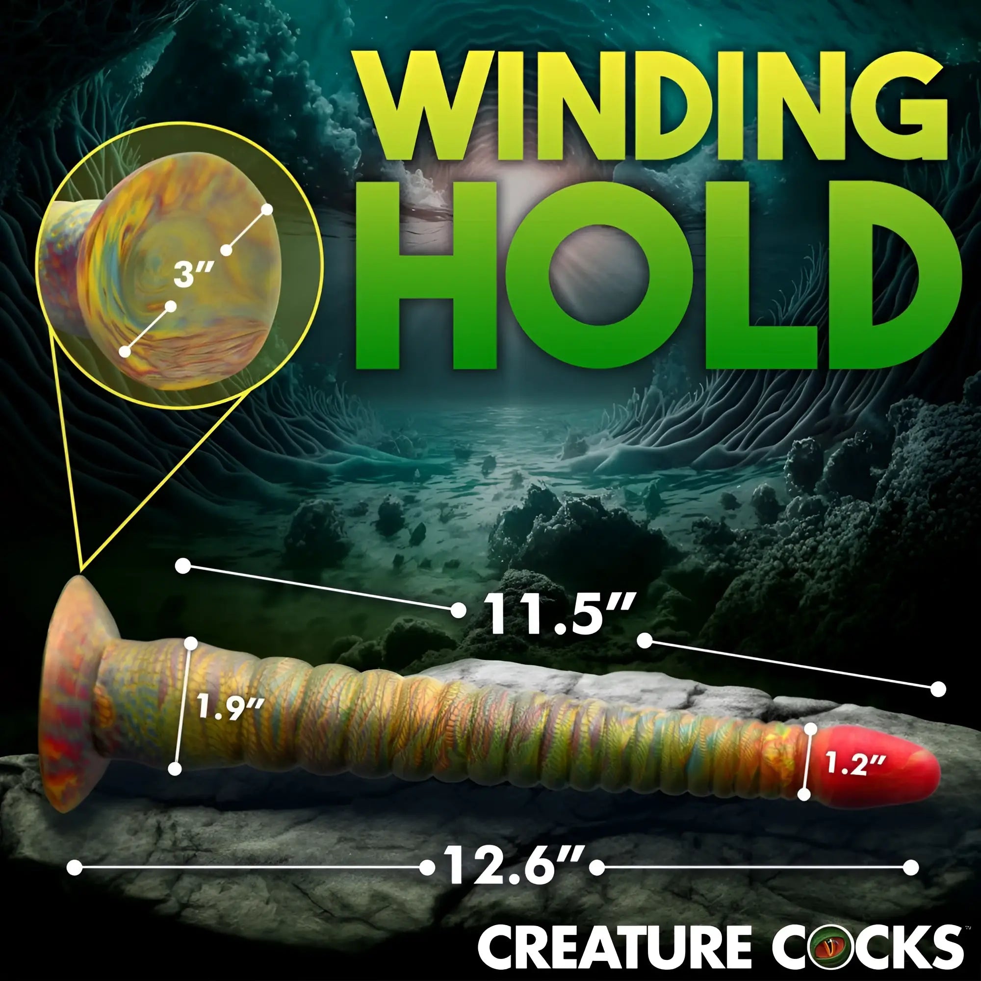 Creature Cocks Tenta-Dick dildo: a long, ribbed, multi-colored silicone tentacle toy with measurements shown on a rock.