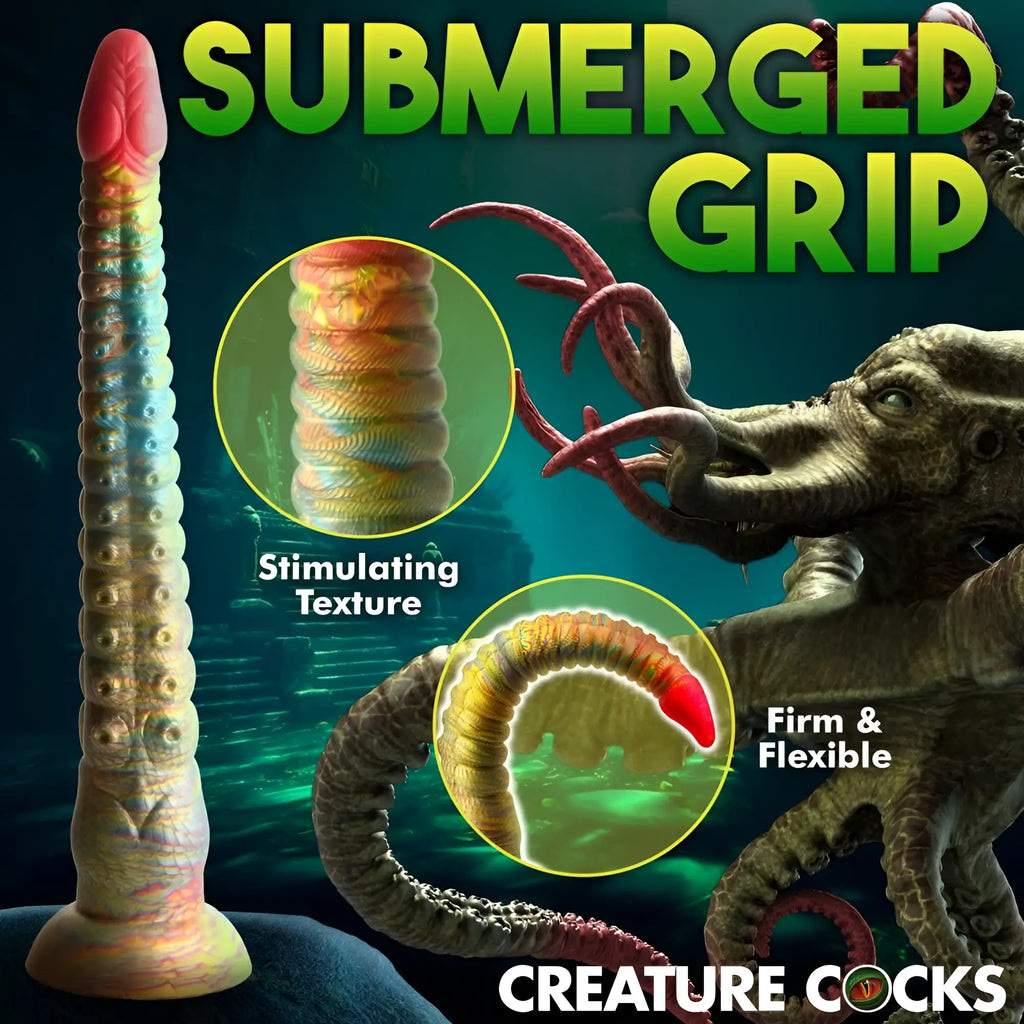 Creature Cocks Tenta-Dick: A flexible, multicolored, ridged tentacle-style silicone dildo with a red-tipped head.