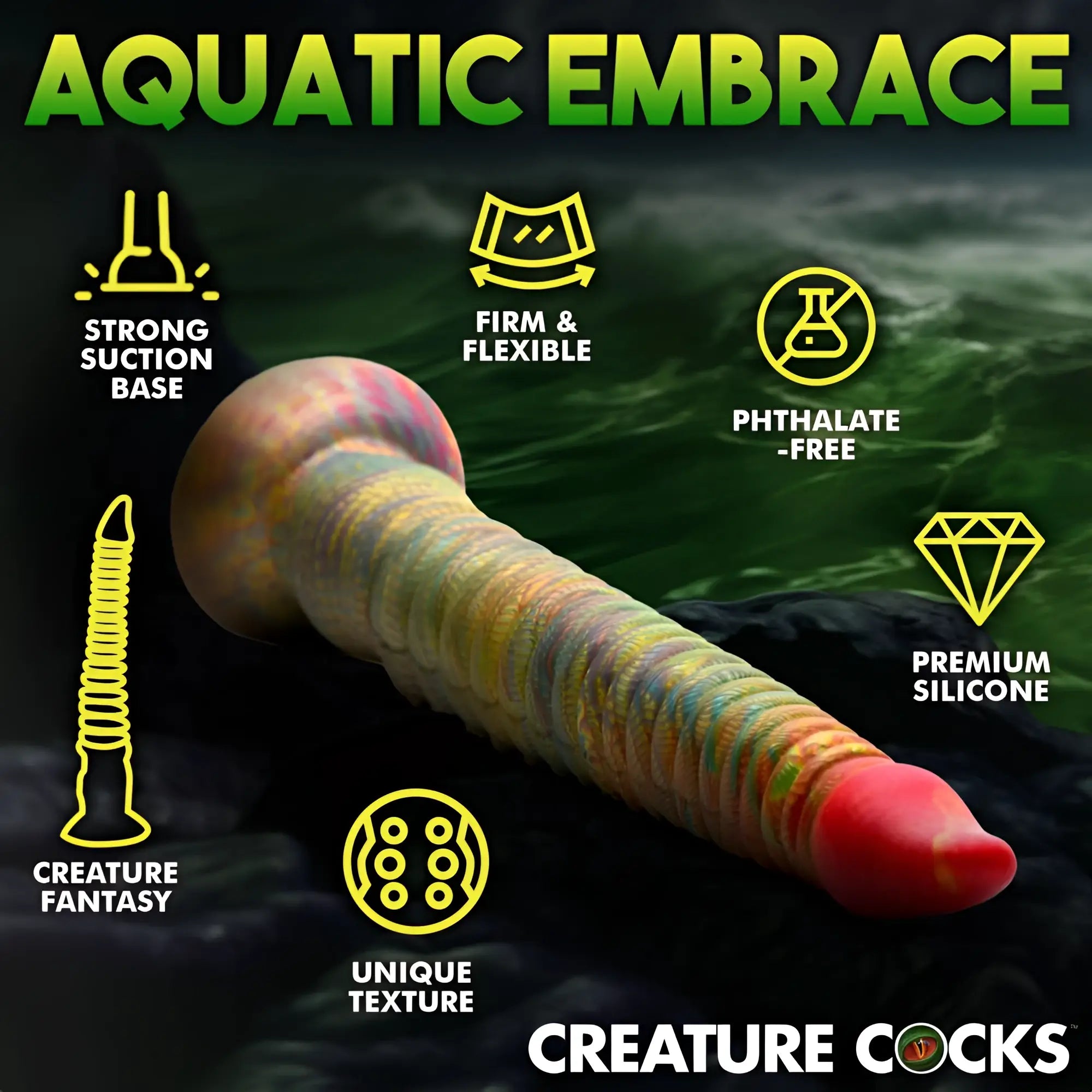 Creature Cocks Tenta-Dick: A colorful, ribbed silicone tentacle dildo with a red tip, displayed over dark water.