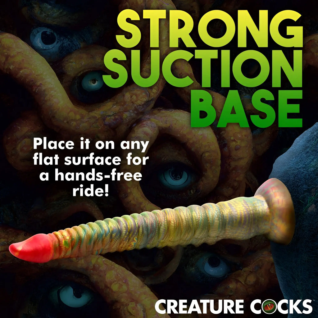 Creature Cocks Tenta-Dick: a ridged, multi-colored tentacle silicone dildo with a red tip attached to a suction base.