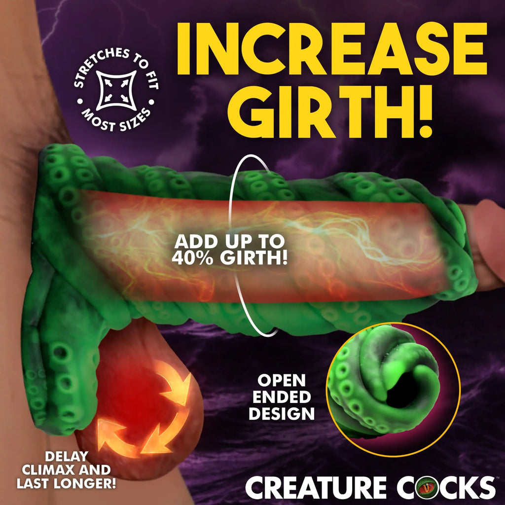 Creature Cocks Tenta Girth green silicone tentacle-style penis enhancer shown with marketing text on a purple background.