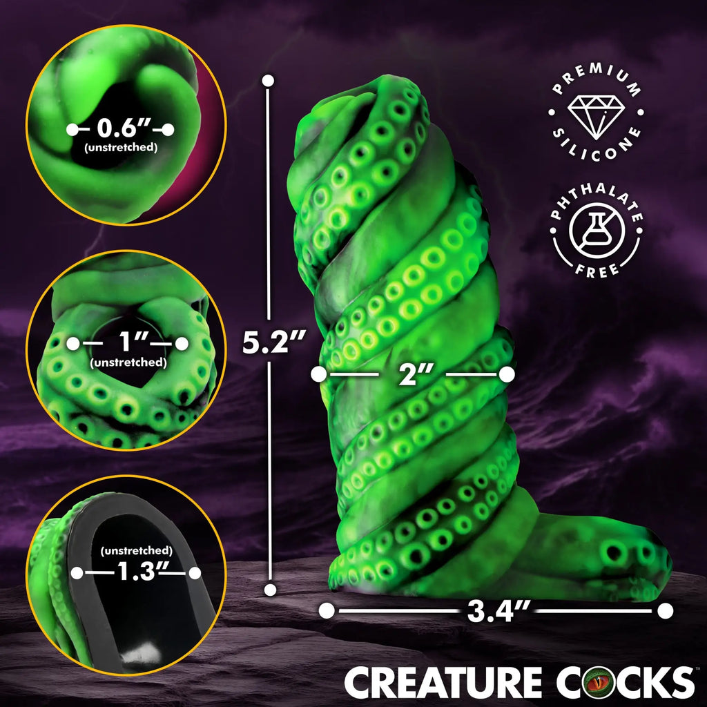 Creature Cocks Tenta Girth neon green, tentacle-textured silicone penis enhancer shown with dimensions and detail circles.