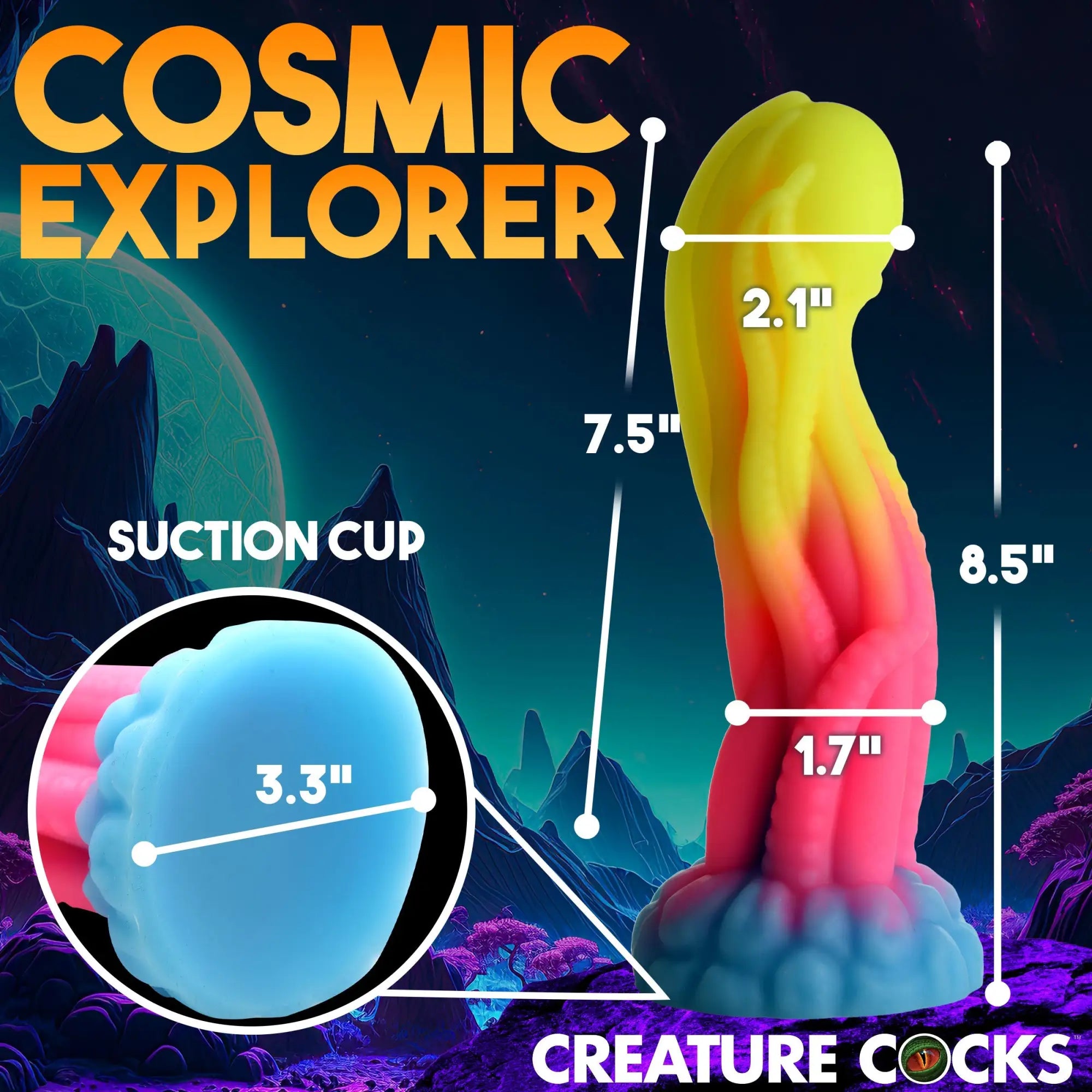 Creature Cocks Tenta-Glow dildo: yellow-to-pink gradient, tentacle-style silicone design with blue suction base, labeled.