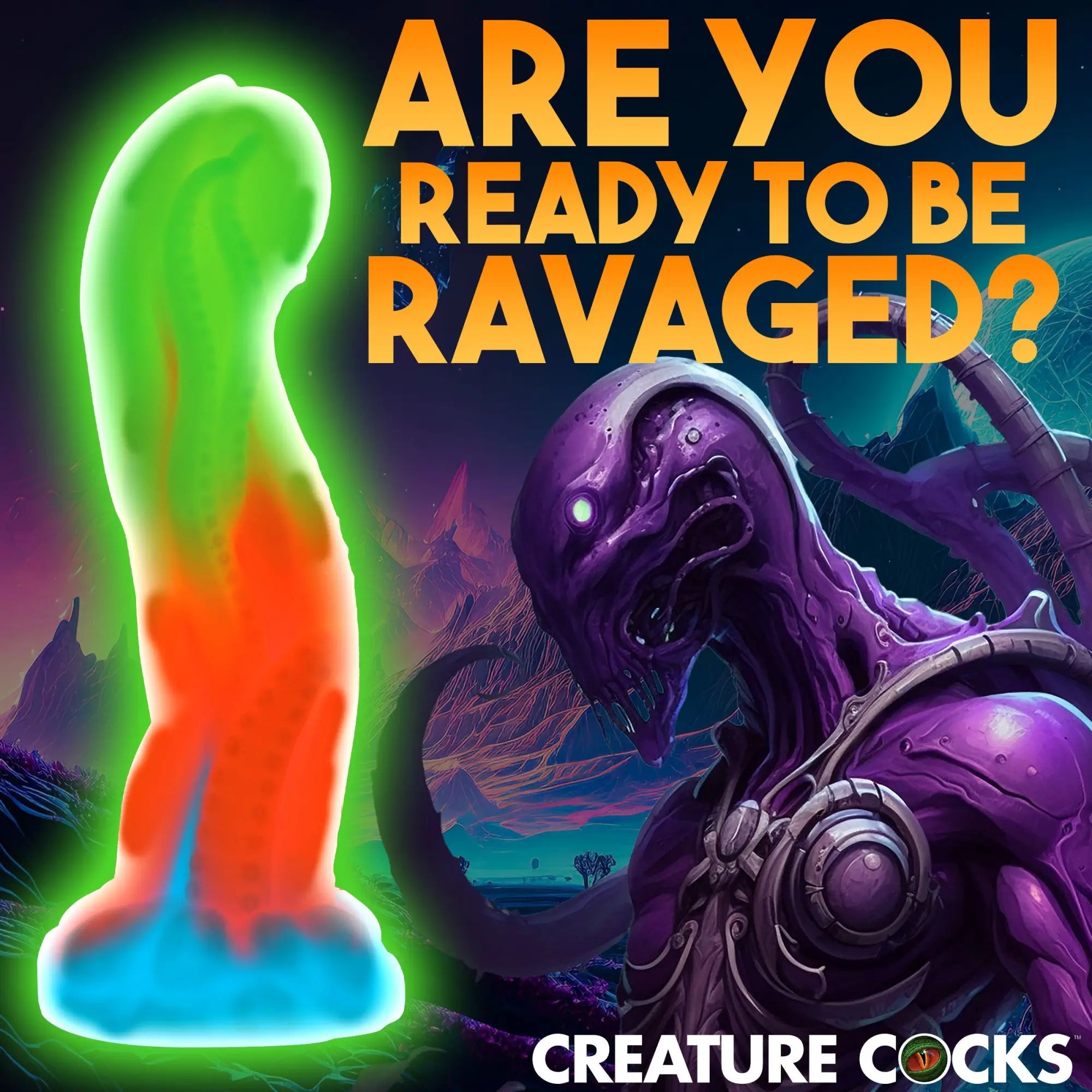Creature Cocks Tenta-Glow dildo: a glowing green, orange, and blue silicone tentacle toy next to a purple alien.
