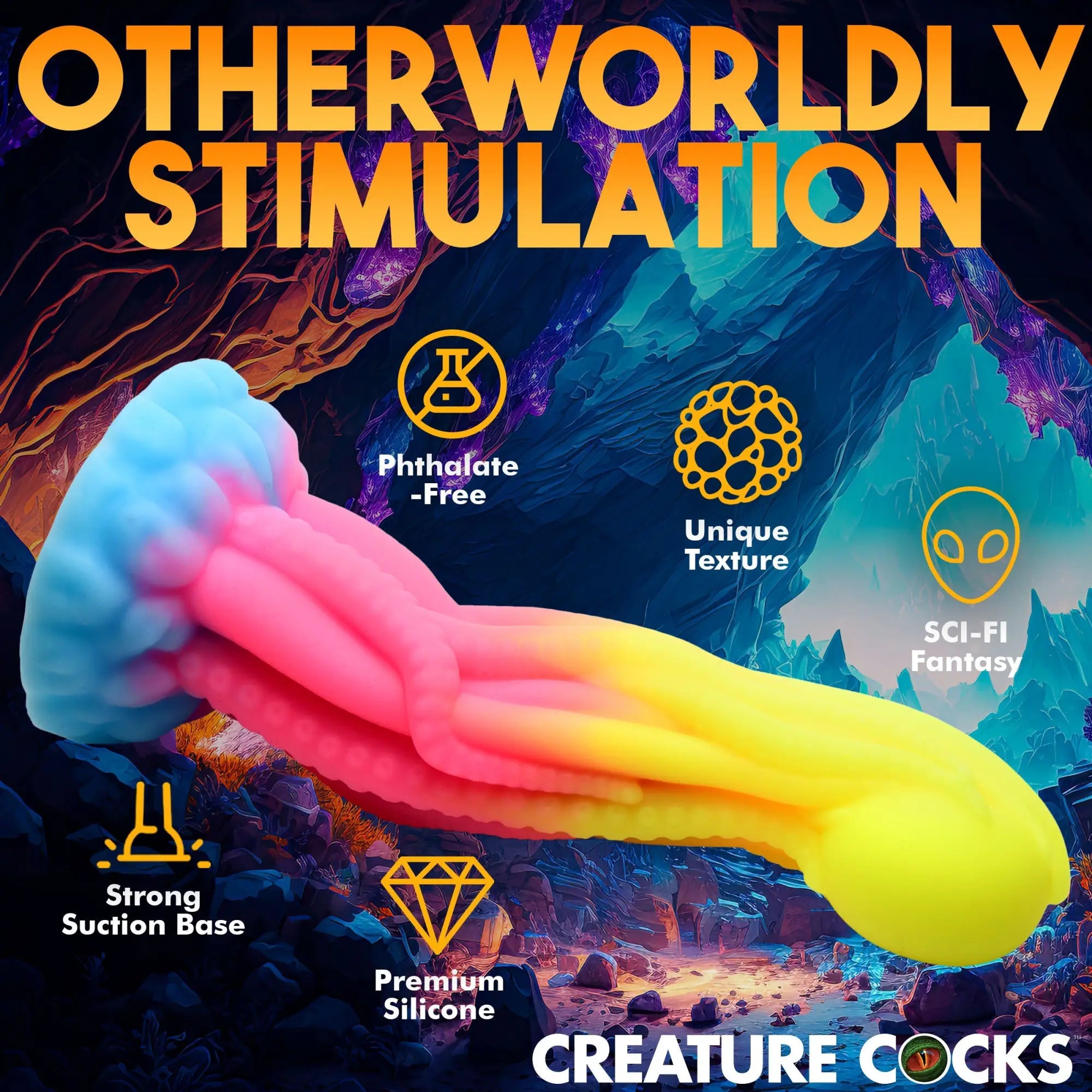 Creature Cocks Tenta-Glow dildo: a multi-colored silicone tentacle toy with a suction base in a sci-fi fantasy setting.