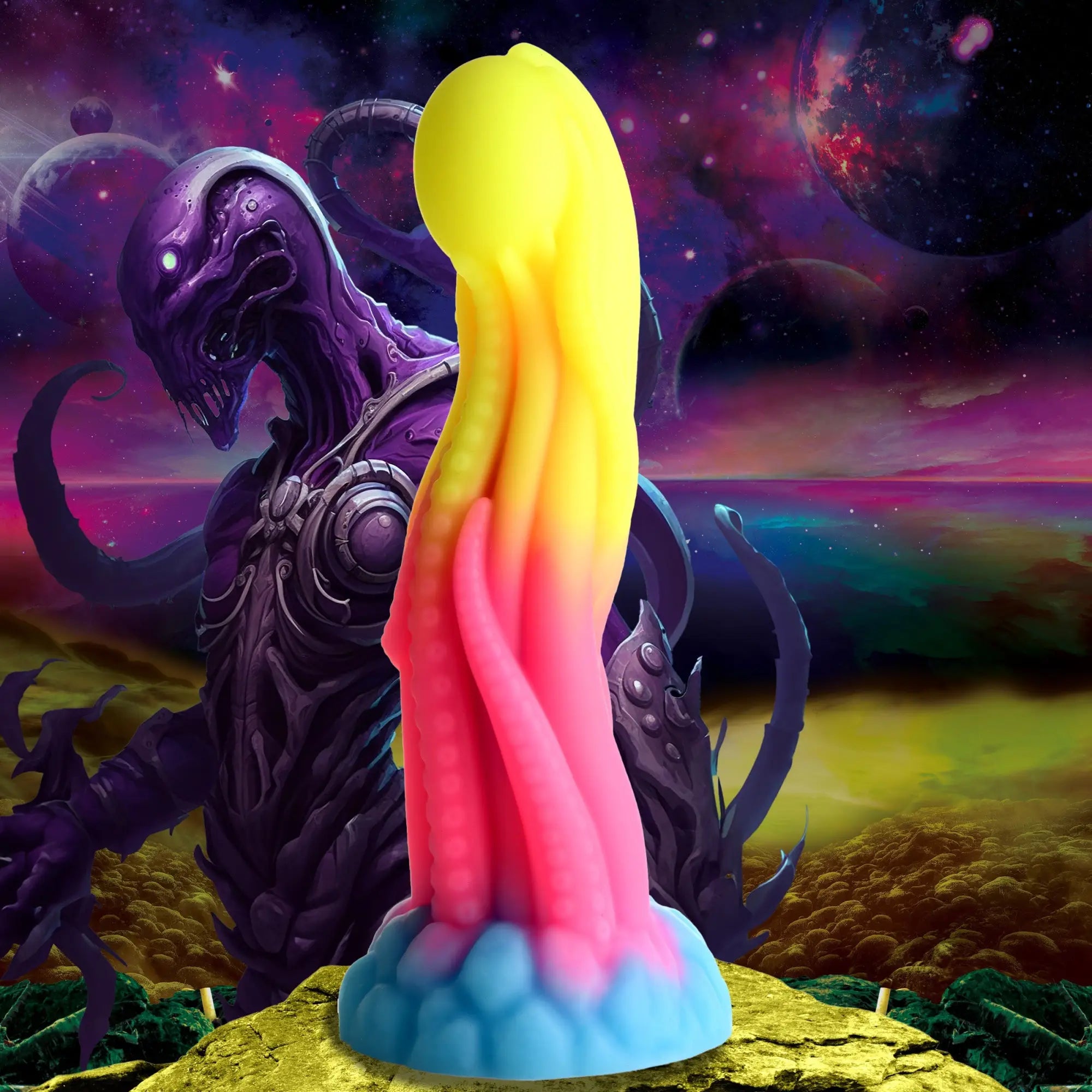 Creature Cocks Tenta-Glow silicone dildo in a yellow, pink, and blue ombre, tentacle-style design against space art.