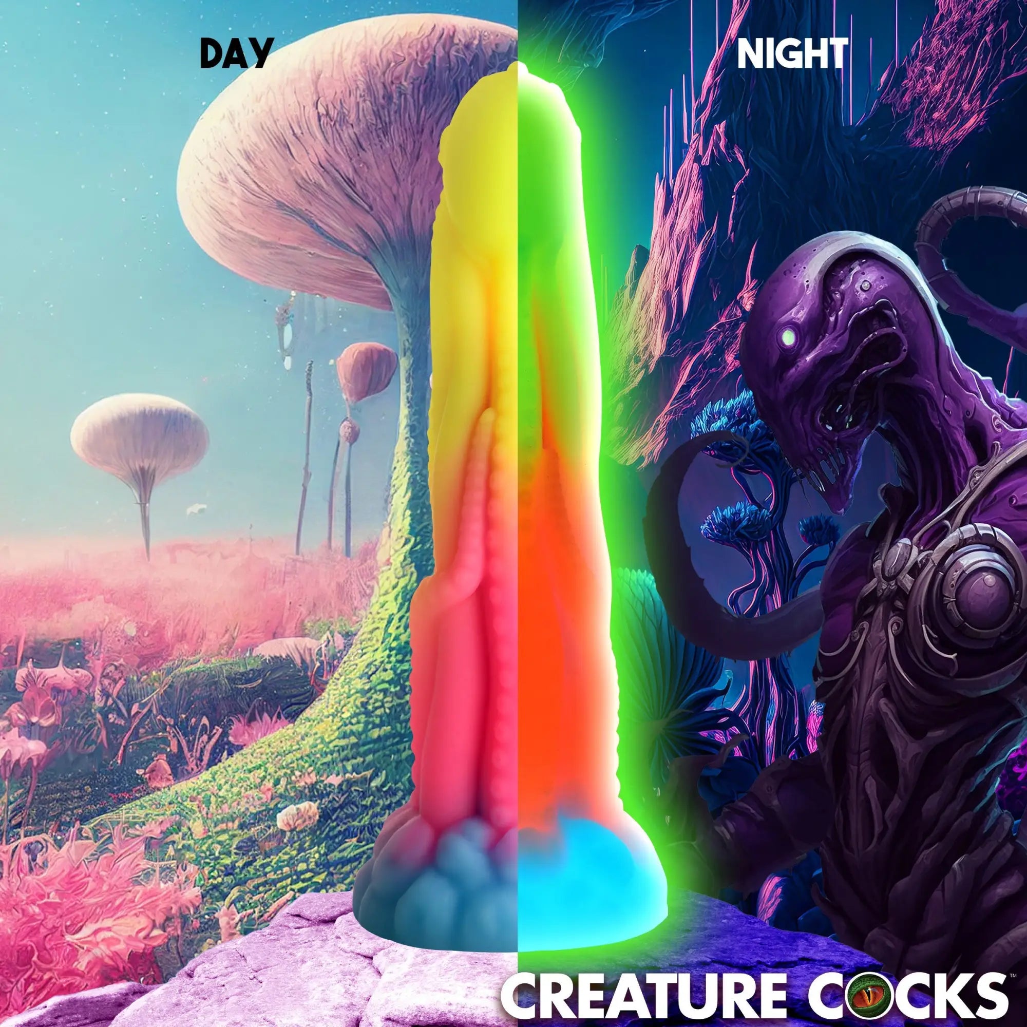 Creature Cocks Tenta-Glow silicone dildo, shown in day and night modes with a vibrant, glow-in-the-dark fantasy design.