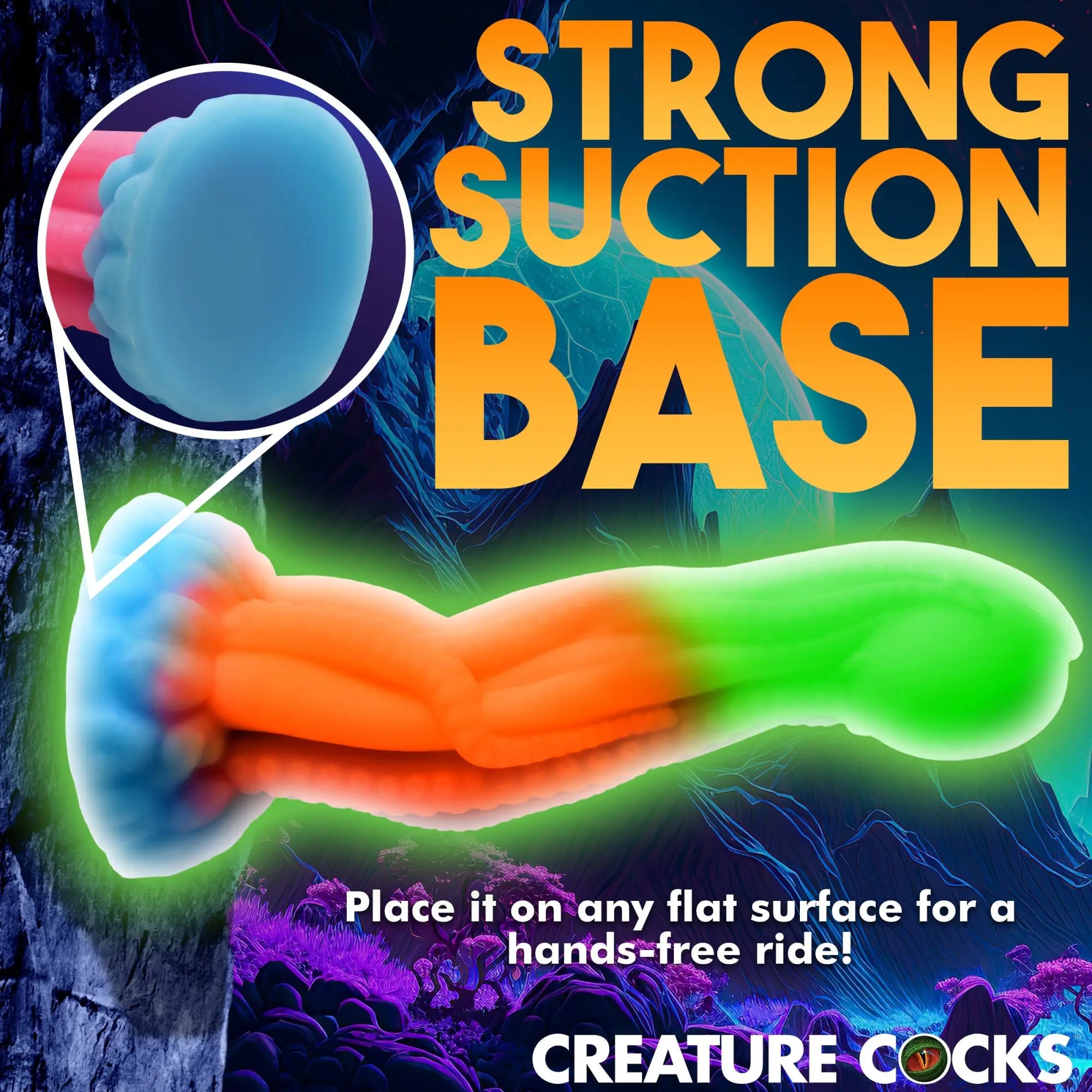 Creature Cocks Tenta-Glow dildo: colorful, glowing silicone tentacle design with a strong suction base on a dark background.