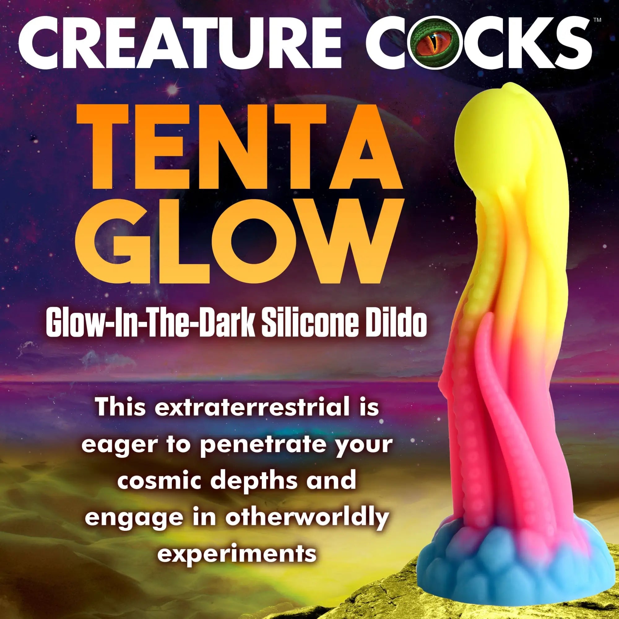 Creature Cocks Tenta-Glow silicone dildo: yellow-to-pink gradient, tentacle-style design with blue suction-cup base.