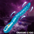 Blue Creature Cocks Tenta-Squirm silicone vibrator with tentacle texture and motion indicators against a purple sky.