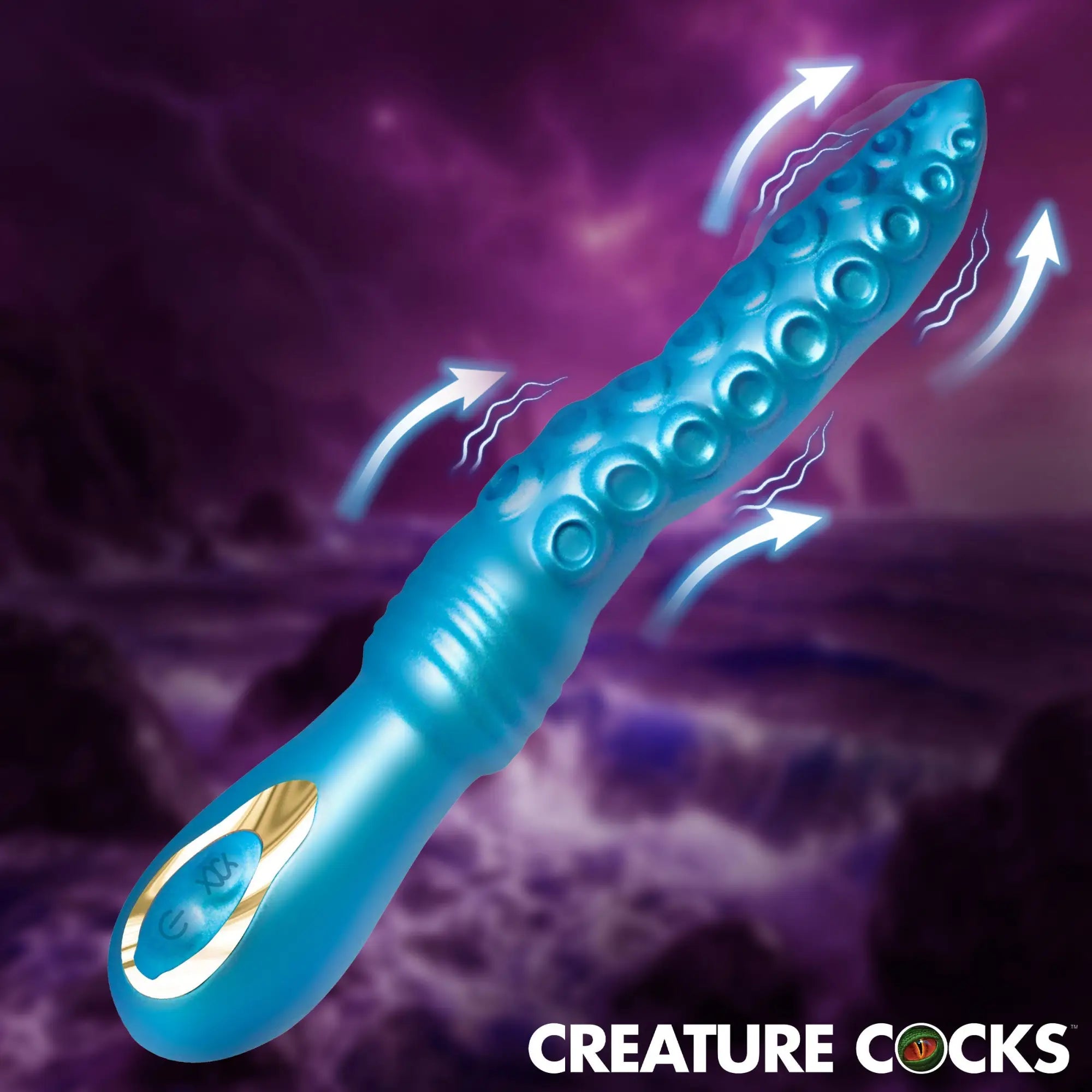 Blue Creature Cocks Tenta-Squirm silicone vibrator with tentacle texture and motion indicators against a purple sky.
