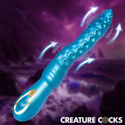 Blue Creature Cocks Tenta-Squirm silicone vibrator with tentacle texture and motion indicators against a purple sky.