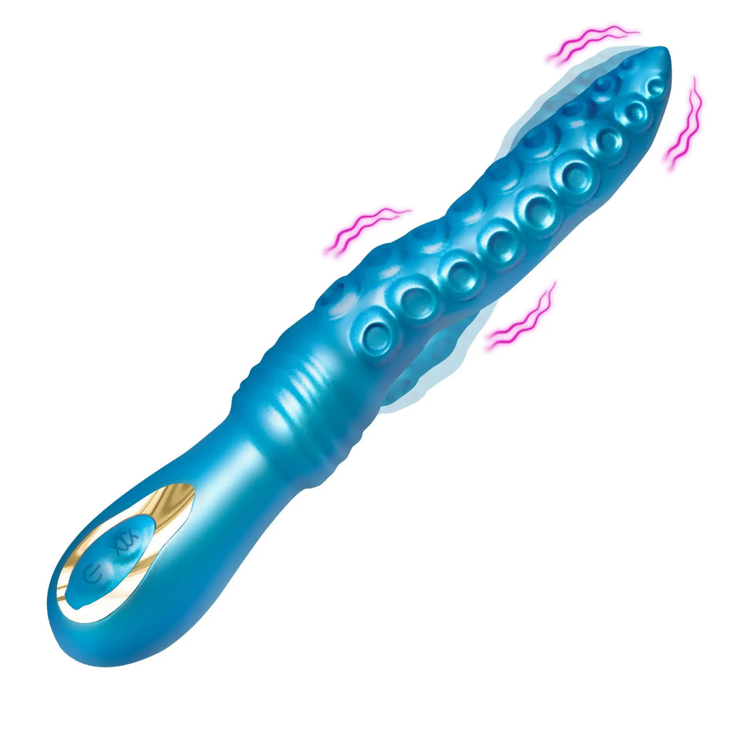 Creature Cocks Tenta-Squirm blue silicone vibrator featuring a textured tentacle design with pink motion lines.
