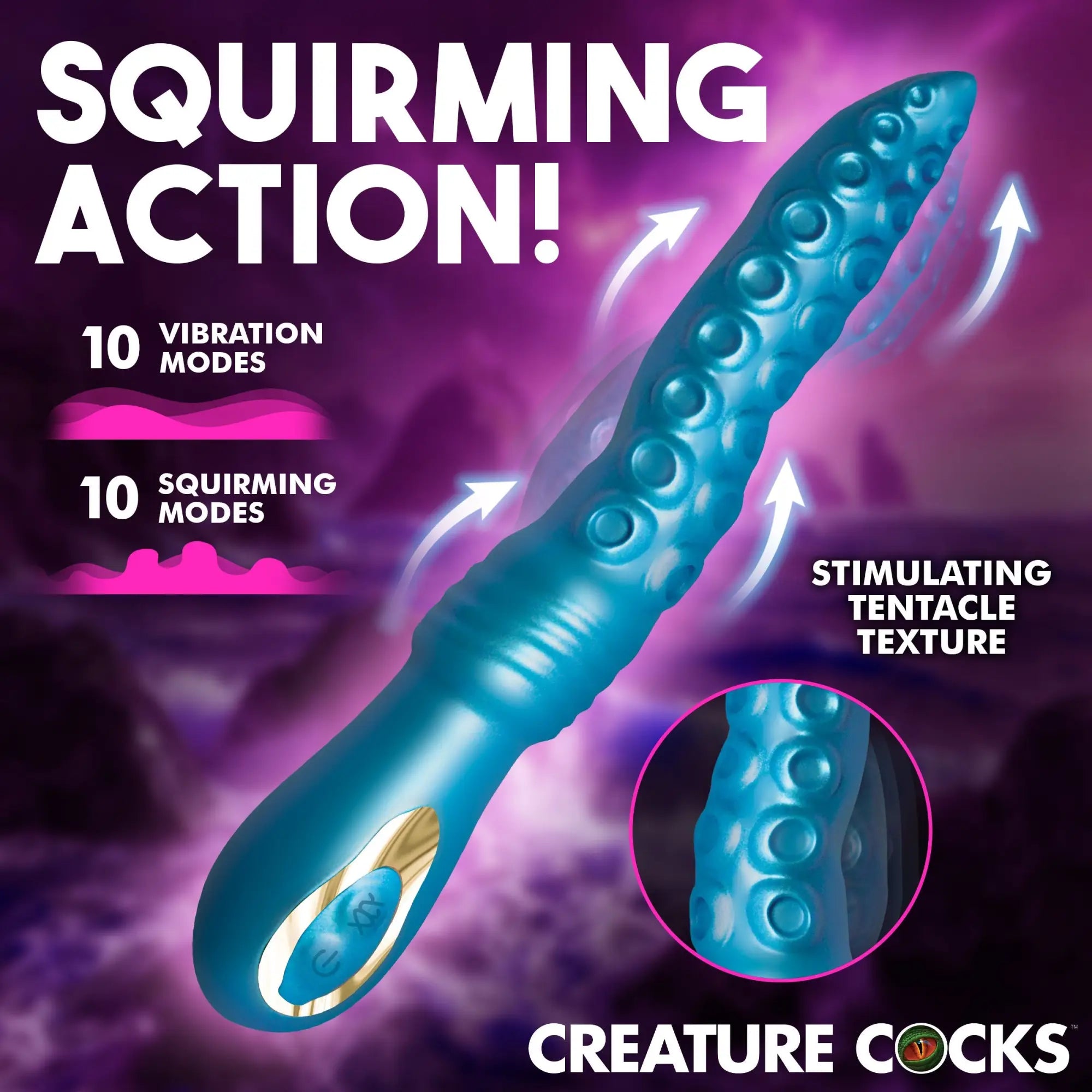 Creature Cocks Tenta-Squirm: A teal silicone tentacle-style vibrator with textured suction cups and gold-trimmed base.