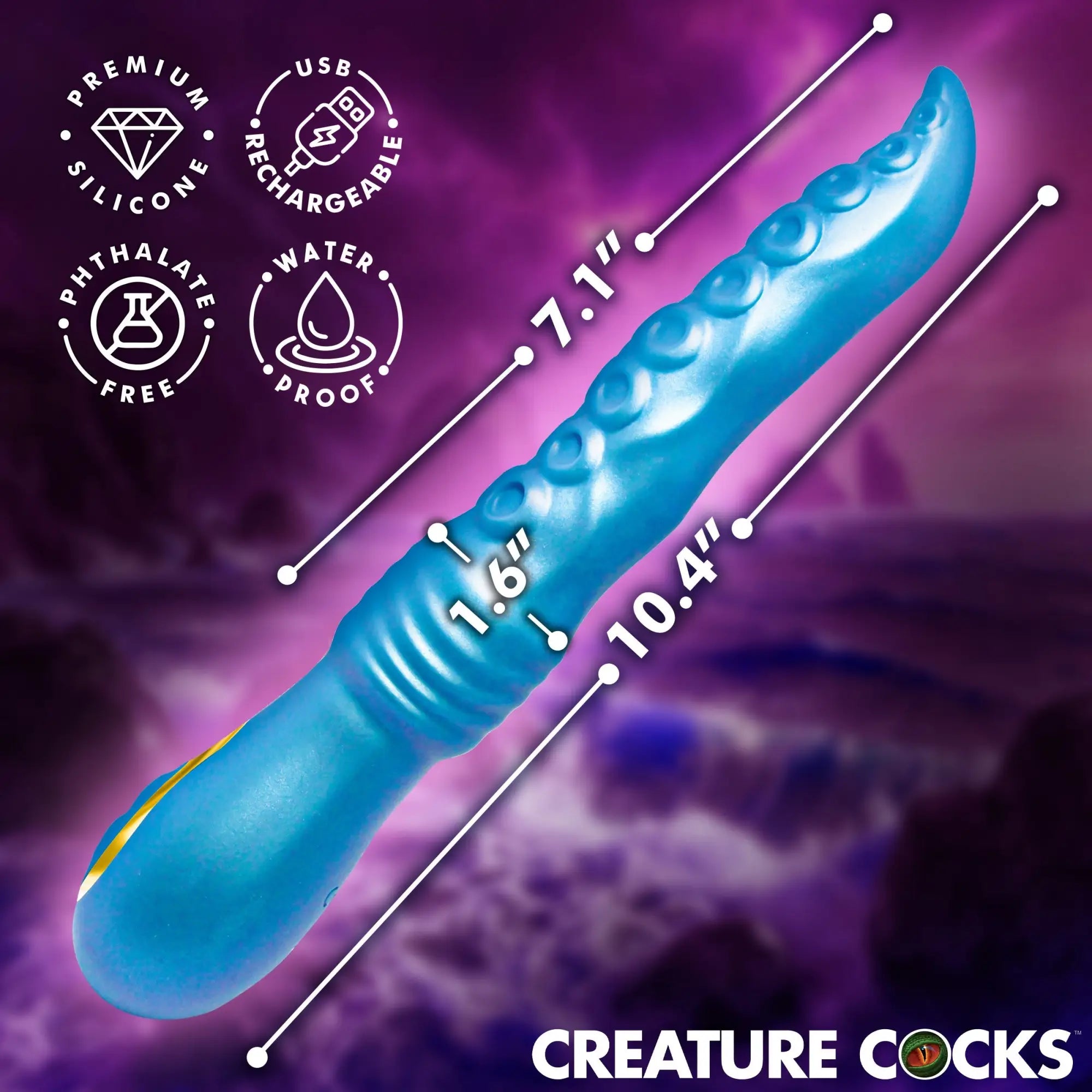 Blue Creature Cocks Tenta-Squirm silicone vibrator with tentacle-textured shaft and product dimensions.