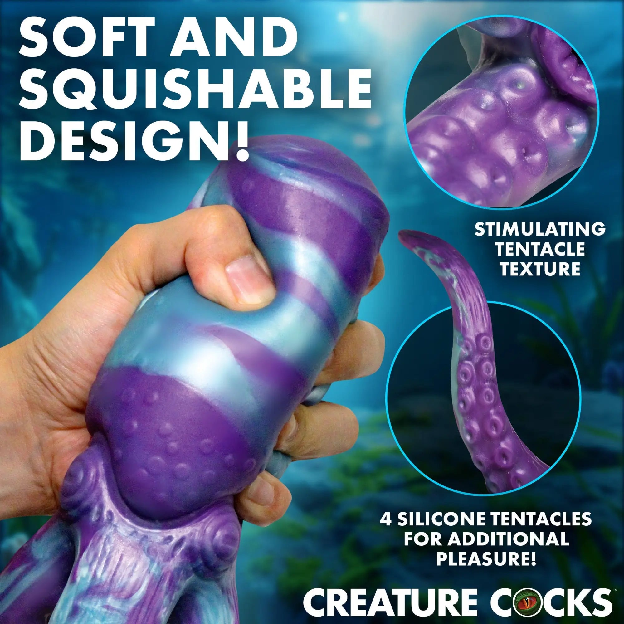Creature Cocks Tenta Stroke: A purple and blue swirled silicone masturbator with textured tentacles being held in a hand.