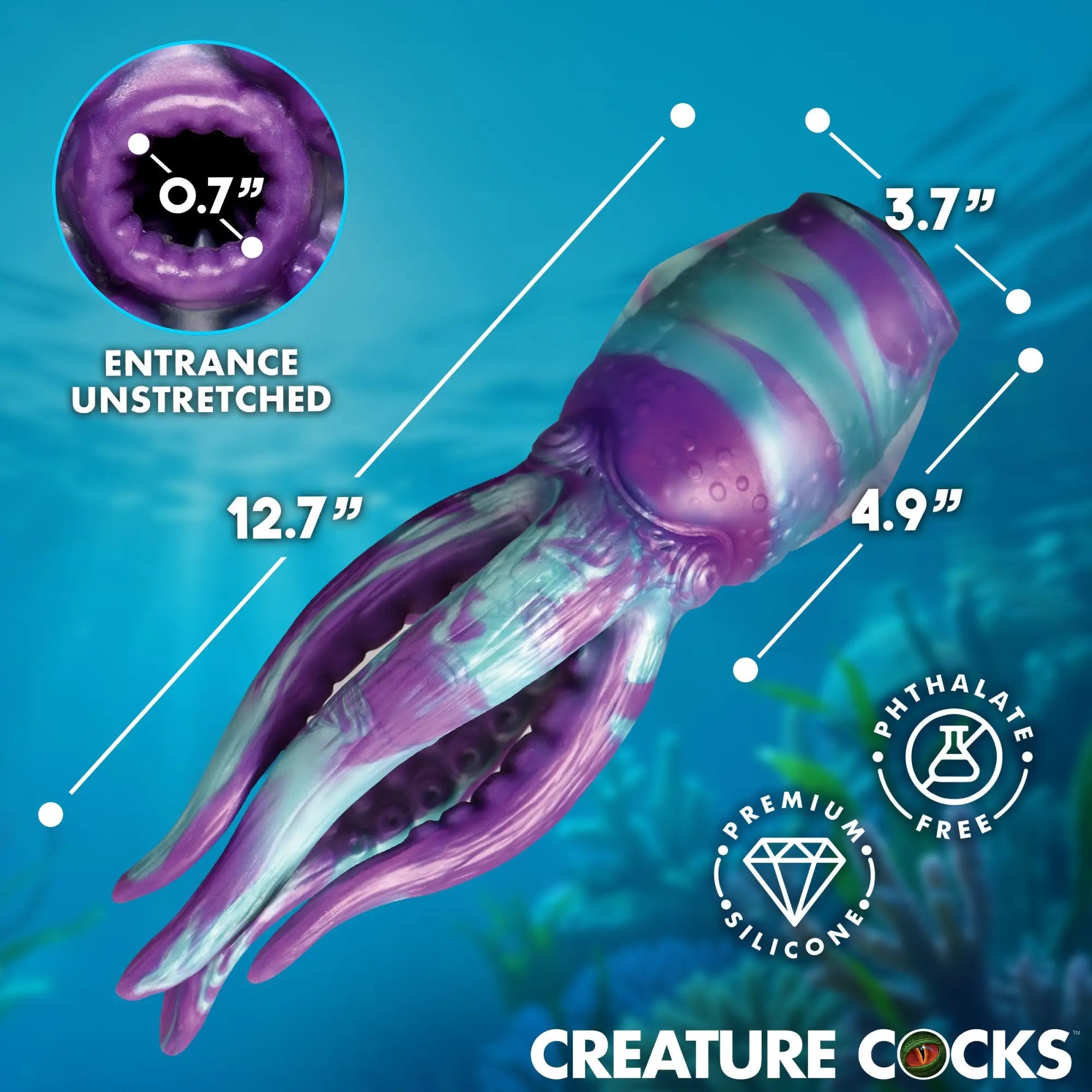 Creature Cocks Tenta Stroke: A purple and teal silicone masturbator shaped like an octopus with measurement overlays.
