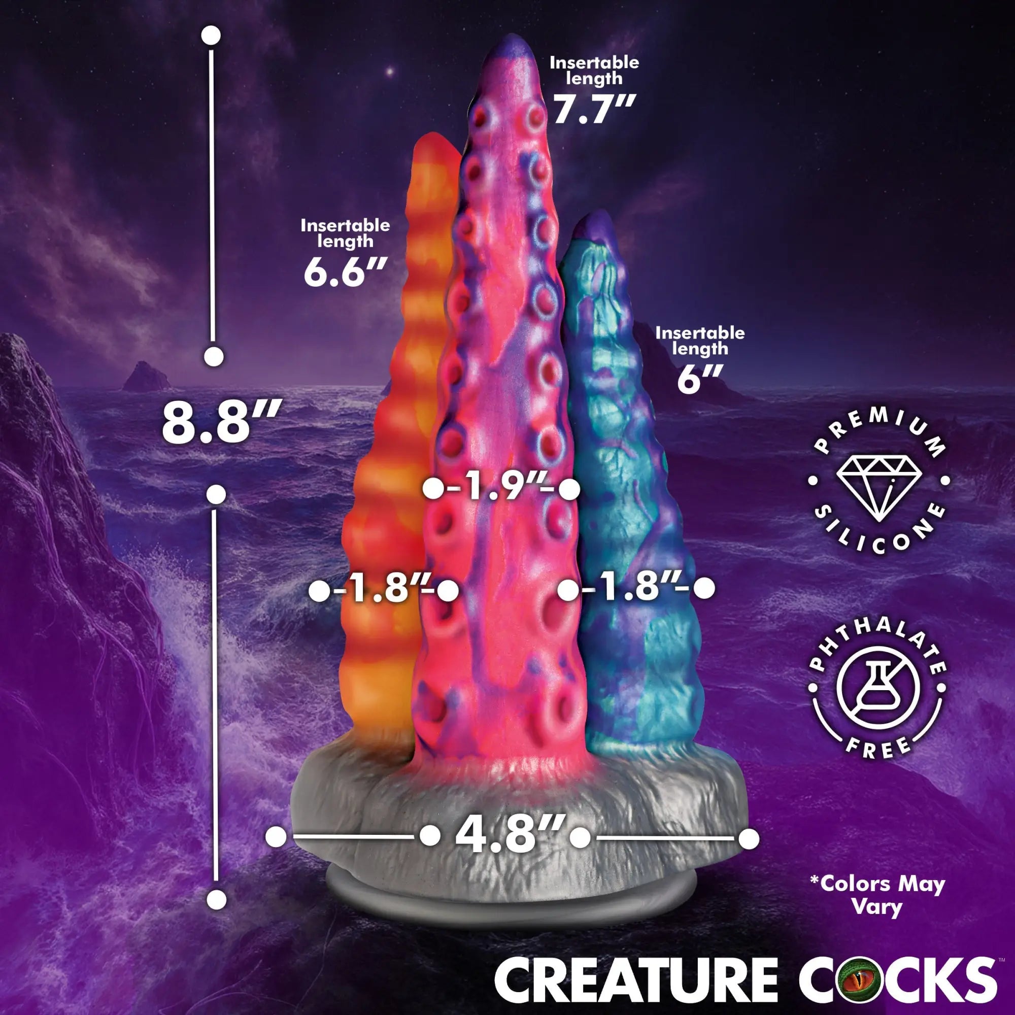 Creature Cocks Tenta-Trio: Three colorful, textured tentacle-style silicone dildos on a shared base with size metrics.