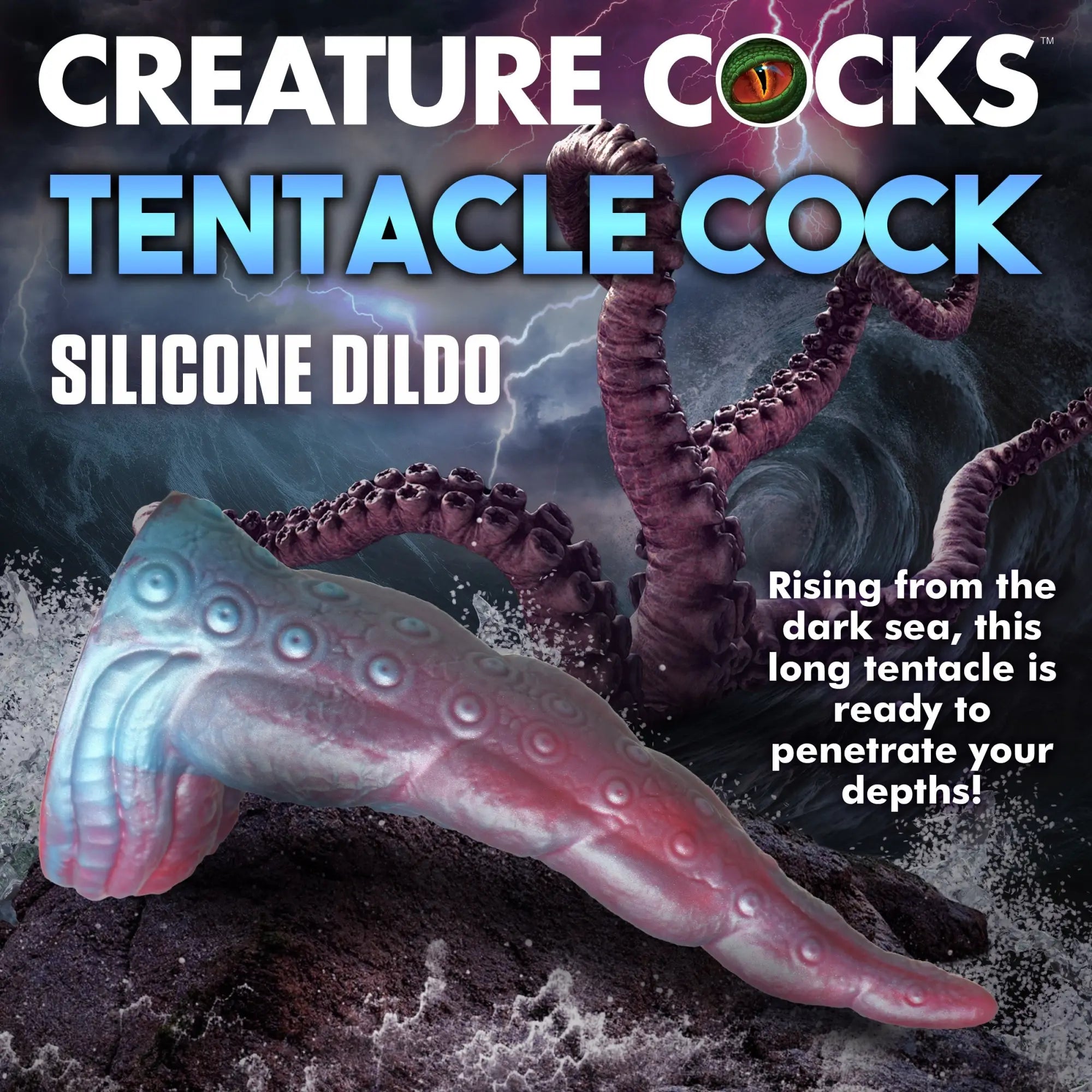 Creature Cocks Tentacle Cock silicone dildo in a vibrant pink and blue gradient, featured against a stormy sea backdrop.